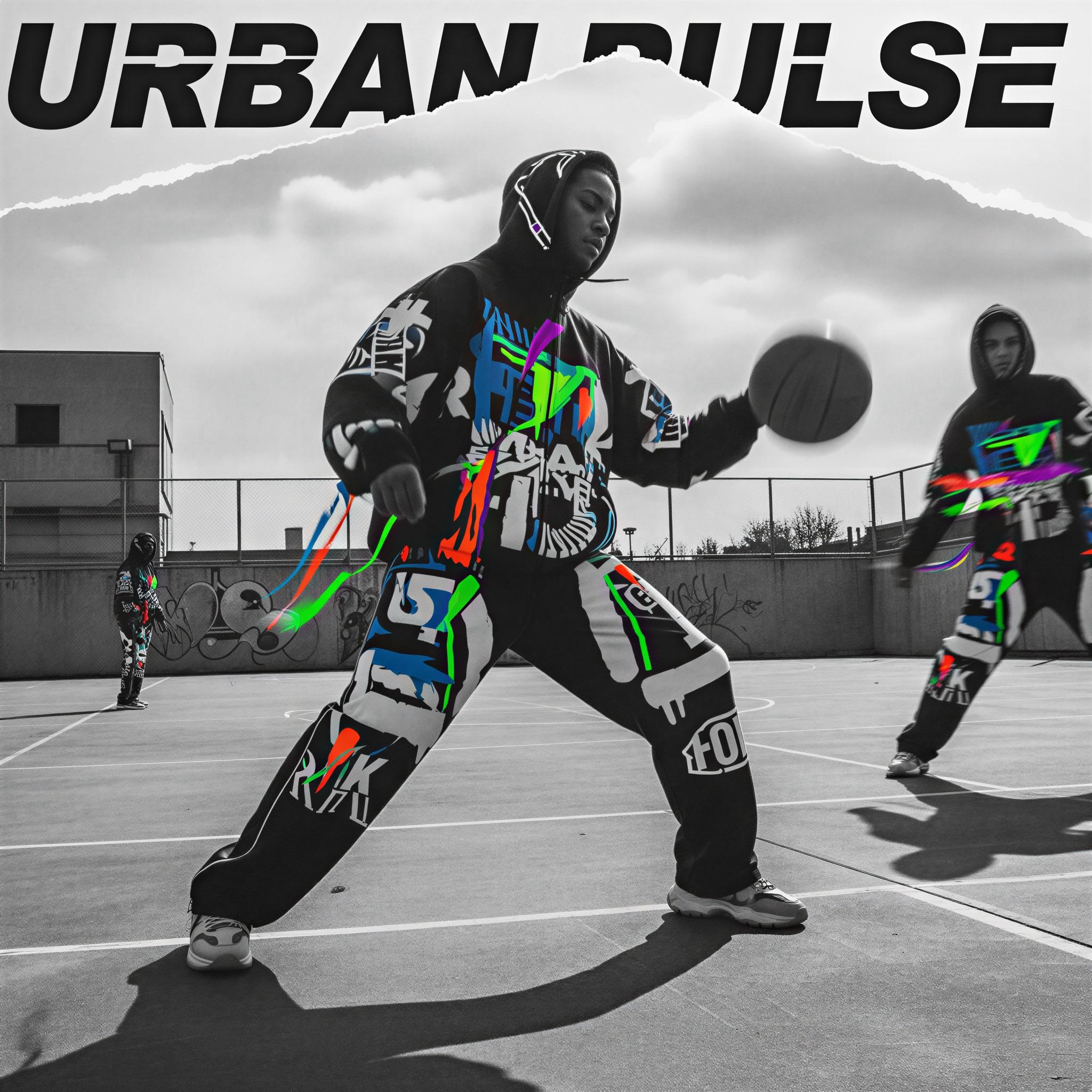 Streetwear editorial style photography, moody afternoon light on a concrete basketball court, oversized silhouettes, vibrant graphic apparel, dynamic motion blur, high contrast black and white undertones with pops of neon, urban grit atmosphere, powerful stance, high-fashion sportswear, magazine quality composition