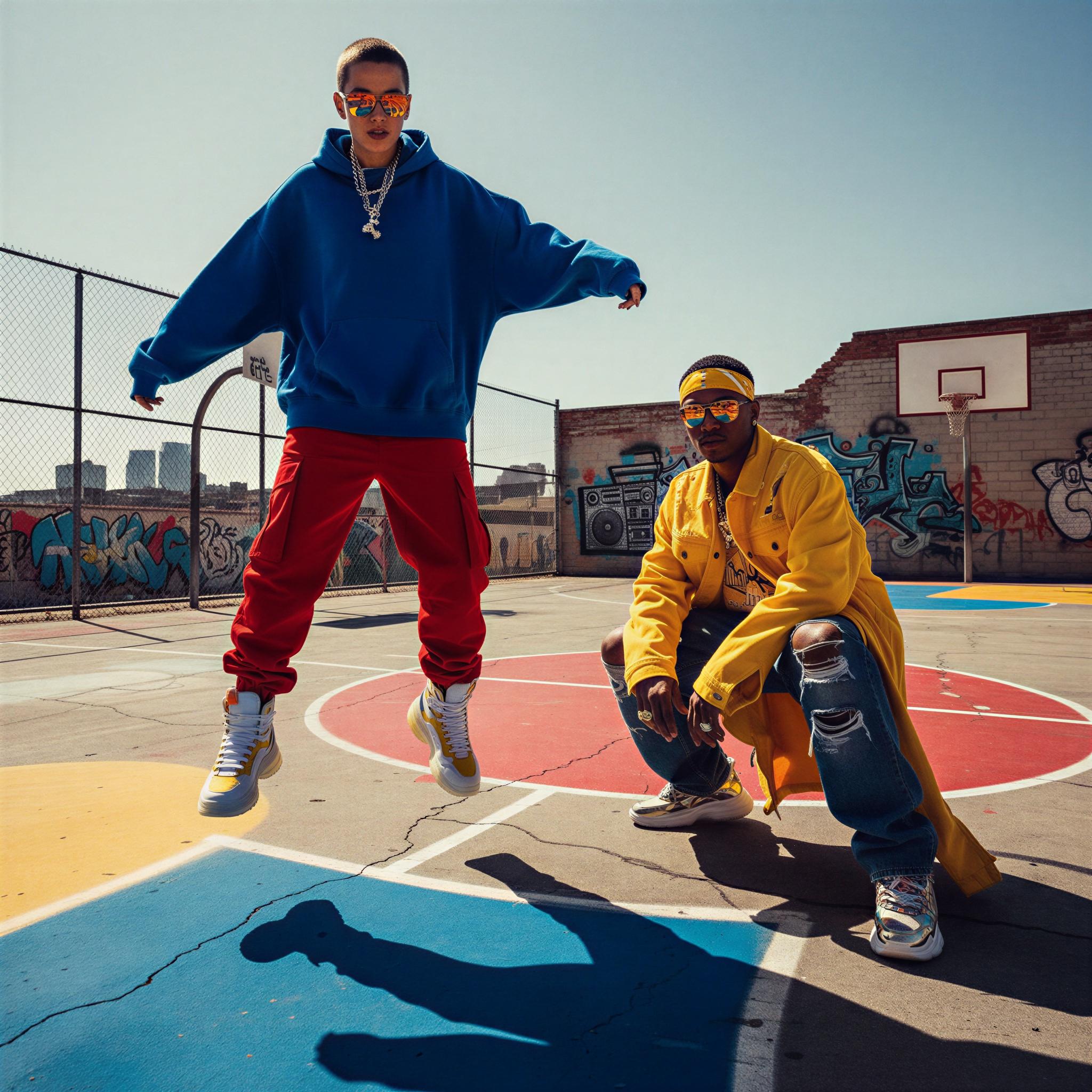 Streetwear editorial style photography, gritty urban basketball court, harsh midday sun creating deep shadows, saturated primary colors, oversized silhouettes, high-fashion sneakers prominent, dynamic athletic pose, hip-hop culture influence, high contrast fashion shoot, magazine quality street style