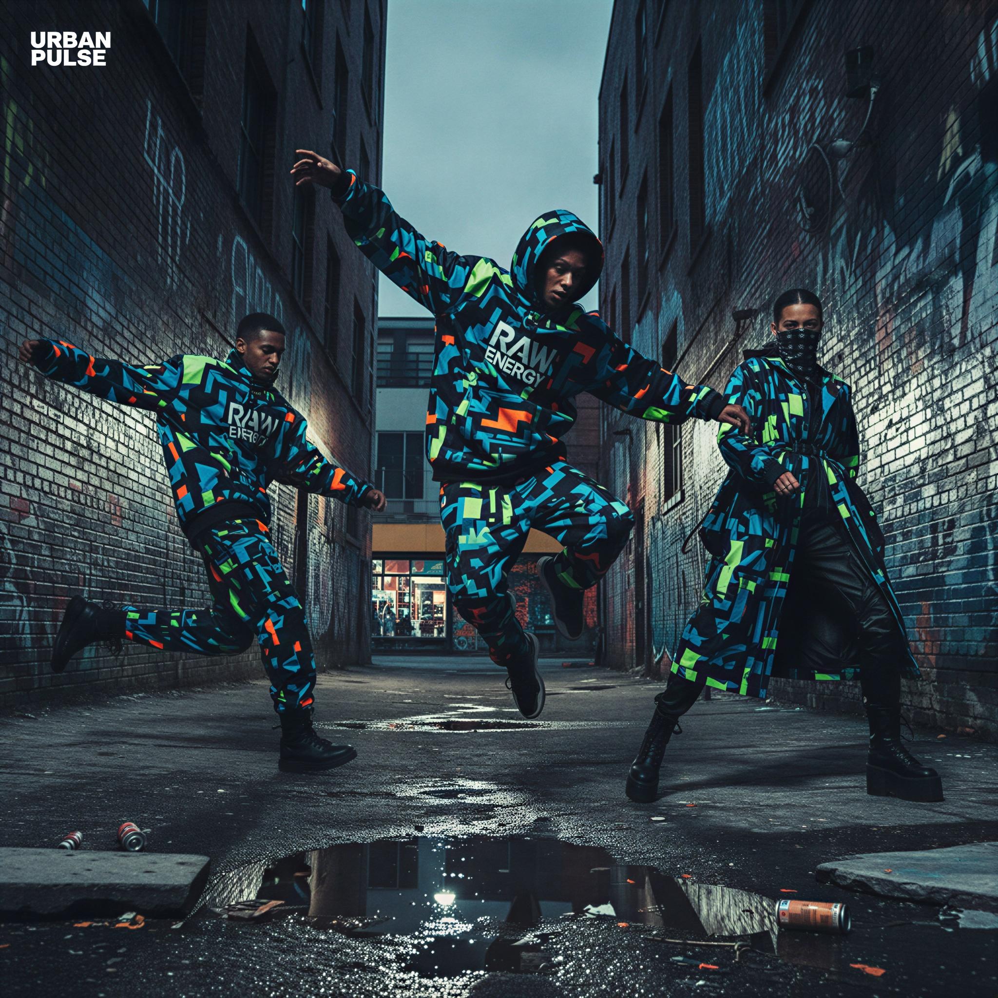 Streetwear editorial style photography, gritty urban graffiti alley backdrop, dramatic sidelighting highlighting textures, bold graphic prints, oversized silhouettes, high-contrast black and vibrant color palette, hip-hop culture influence, dynamic movement captured, professional fashion editorial, raw energy, magazine quality street style