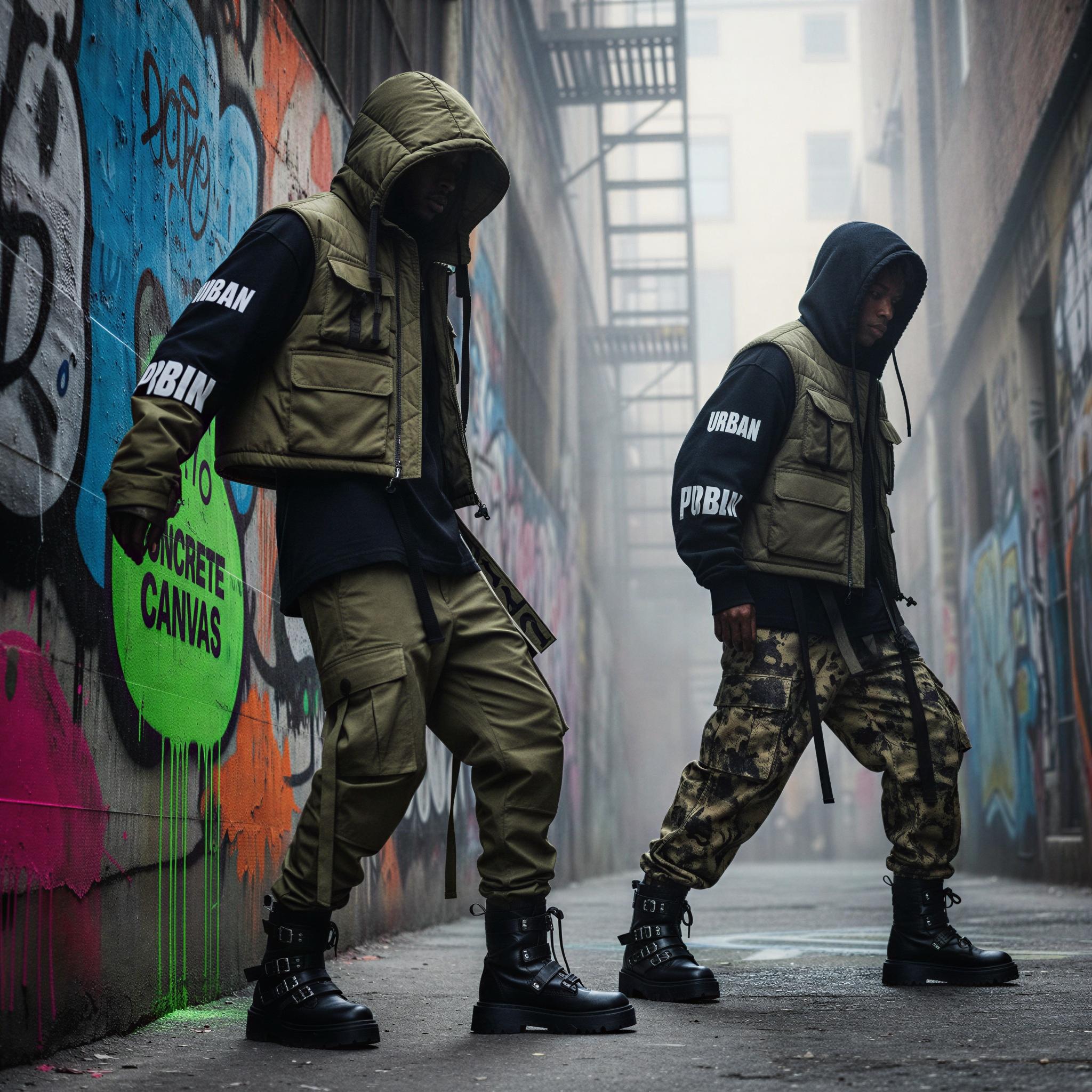 Streetwear editorial style photography, gritty graffiti alley backdrop, high-contrast diffused daylight, vibrant color splashes against concrete, oversized silhouettes, utility wear textures, bold graphic composition, urban dynamism, hypebeast culture influence, cinematic depth of field, Vogue street style shoot