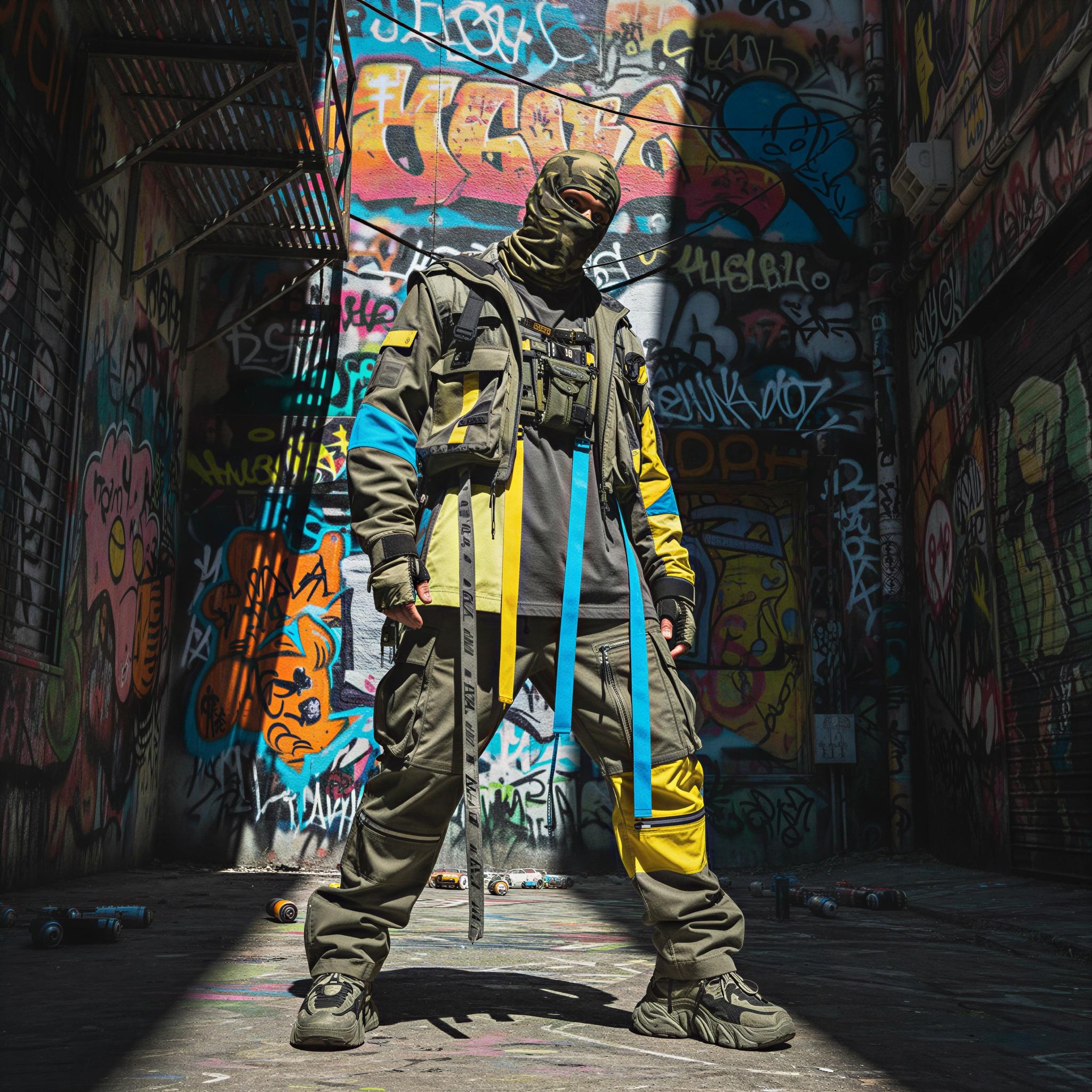 Streetwear editorial style photography, vibrant graffiti alley background, high-contrast dramatic shadows, utilitarian fabrics texture focus, bold graphic lines, dynamic asymmetrical composition, urban grit atmosphere, confident stance, high fashion lookbook quality, Hypebeast inspired, powerful natural daylight