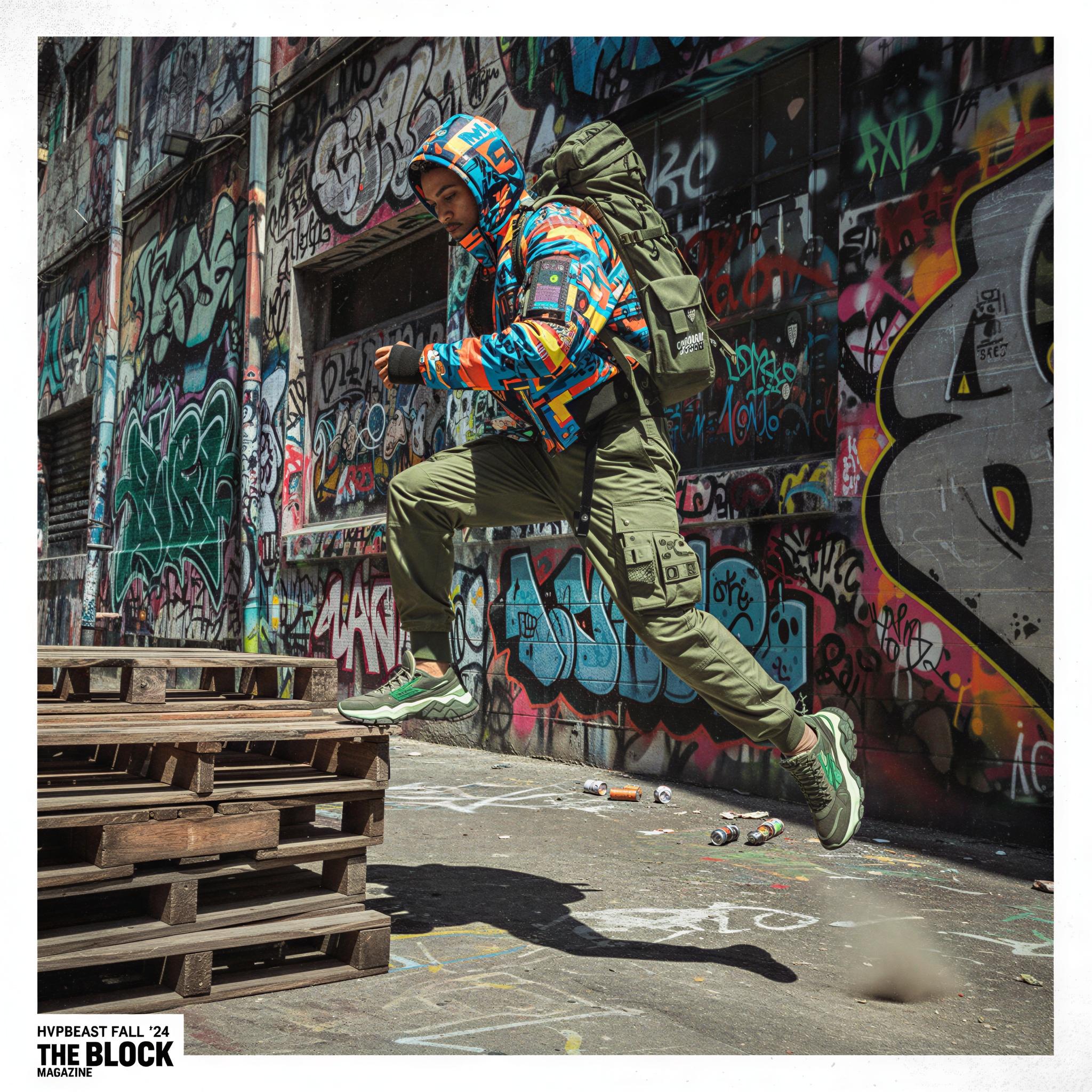 Streetwear editorial style photography, vibrant graffiti alley setting, harsh overhead daylight creating strong shadows, utilitarian fabrics, bold graphic prints, dynamic action pose, urban grit texture, high contrast saturation, Hypebeast culture influence, magazine quality fashion spread