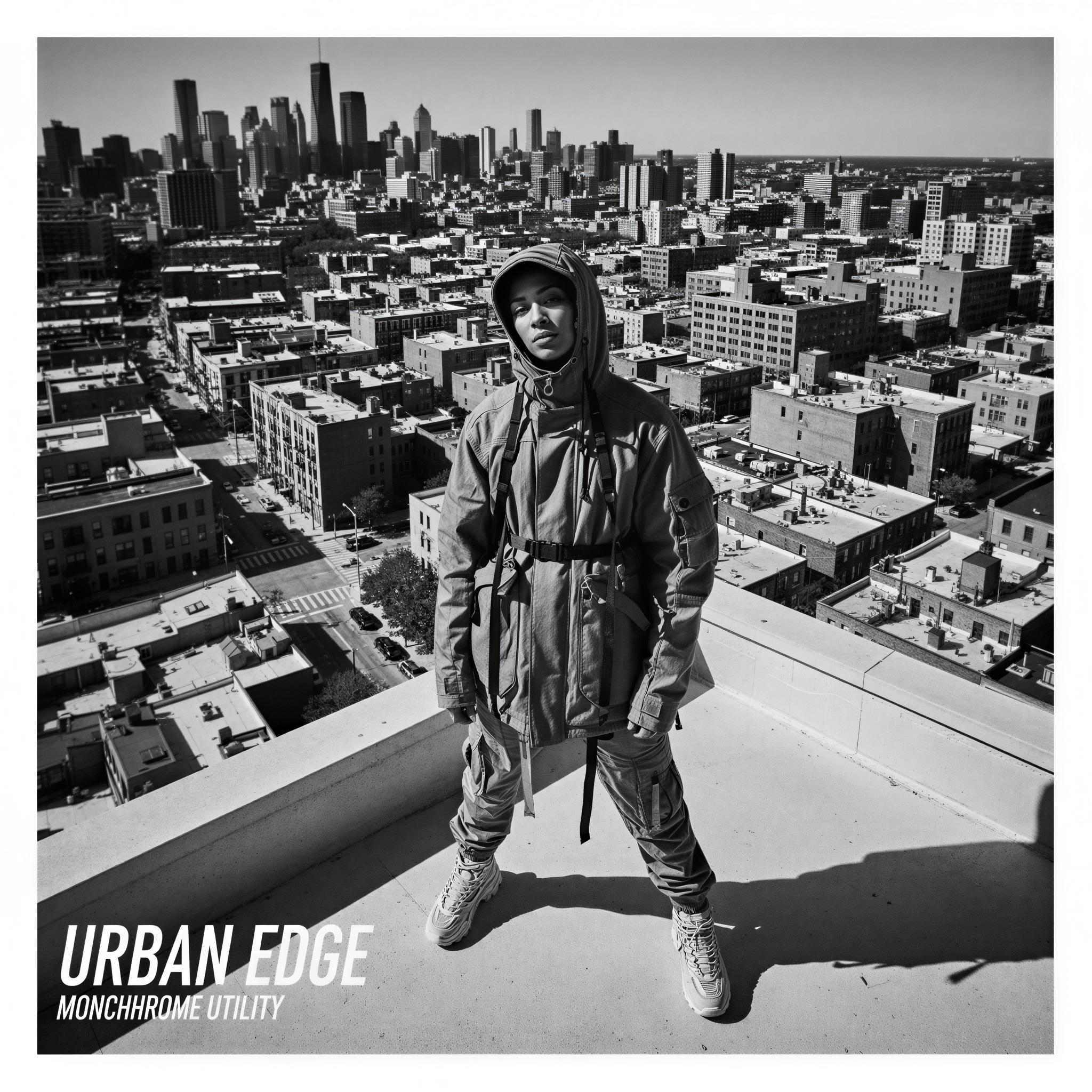 Streetwear editorial style photography, dramatic high-angle rooftop city view, harsh midday sunlight creating deep shadows, high-contrast monochrome palette, oversized technical apparel, urban landscape backdrop, confident dynamic stance, utility fashion influence, crisp high-definition capture, magazine quality editorial