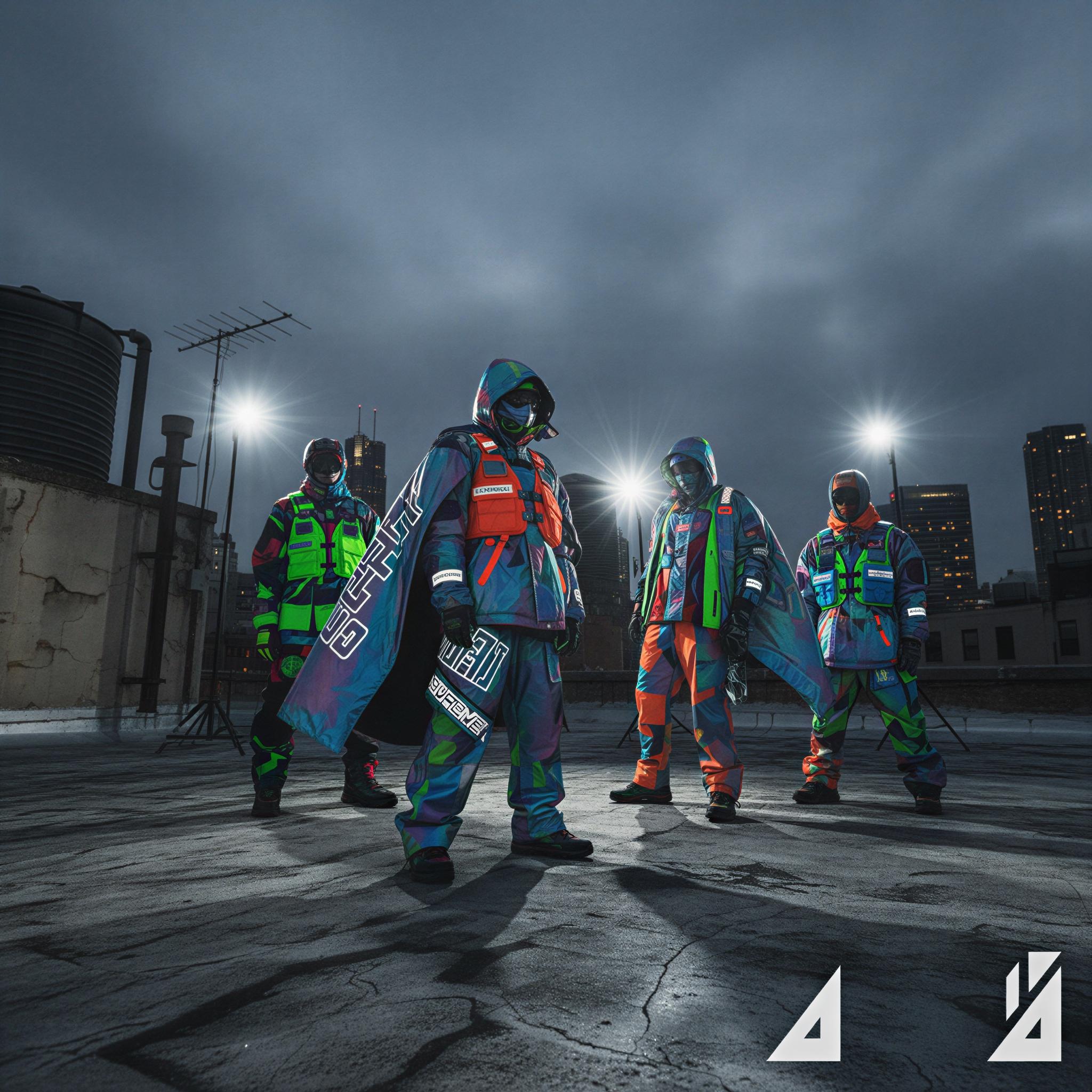 Streetwear editorial style photography, gritty urban rooftop at twilight, harsh directional flash illuminating vibrant technical fabrics, exaggerated silhouettes, high-contrast shadows, urban explorer mood, powerful low-angle composition, Supreme inspired styling, modern graphic sensibility, high-fashion street portfolio quality