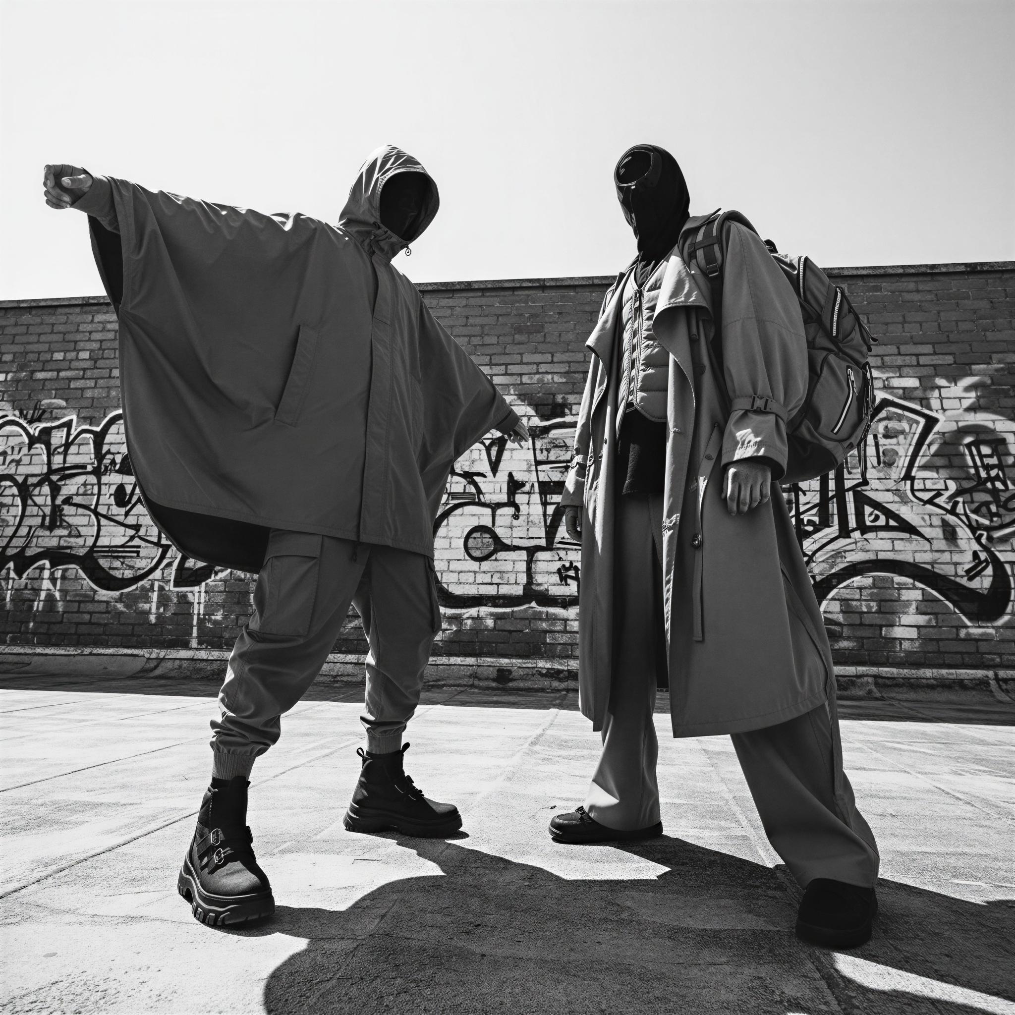 Streetwear editorial style photography, dramatic low-angle shot on a gritty urban rooftop, harsh midday sun creating deep shadows, oversized silhouettes, technical fabrics, vibrant graffiti backdrop, confident asymmetrical composition, high-contrast monochrome filter, contemporary fashion magazine quality
