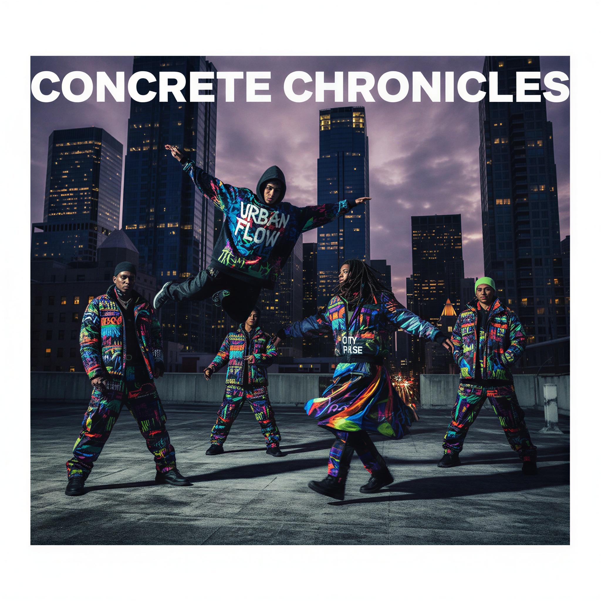 Streetwear editorial style photography, high-contrast dramatic lighting on a gritty rooftop overlooking dense city skyscrapers, vibrant graphic apparel textures, technical fabrics, dynamic motion blur, urban energy, cool concrete tones with saturated highlights, hip-hop inspired swagger, magazine quality high fashion editorial