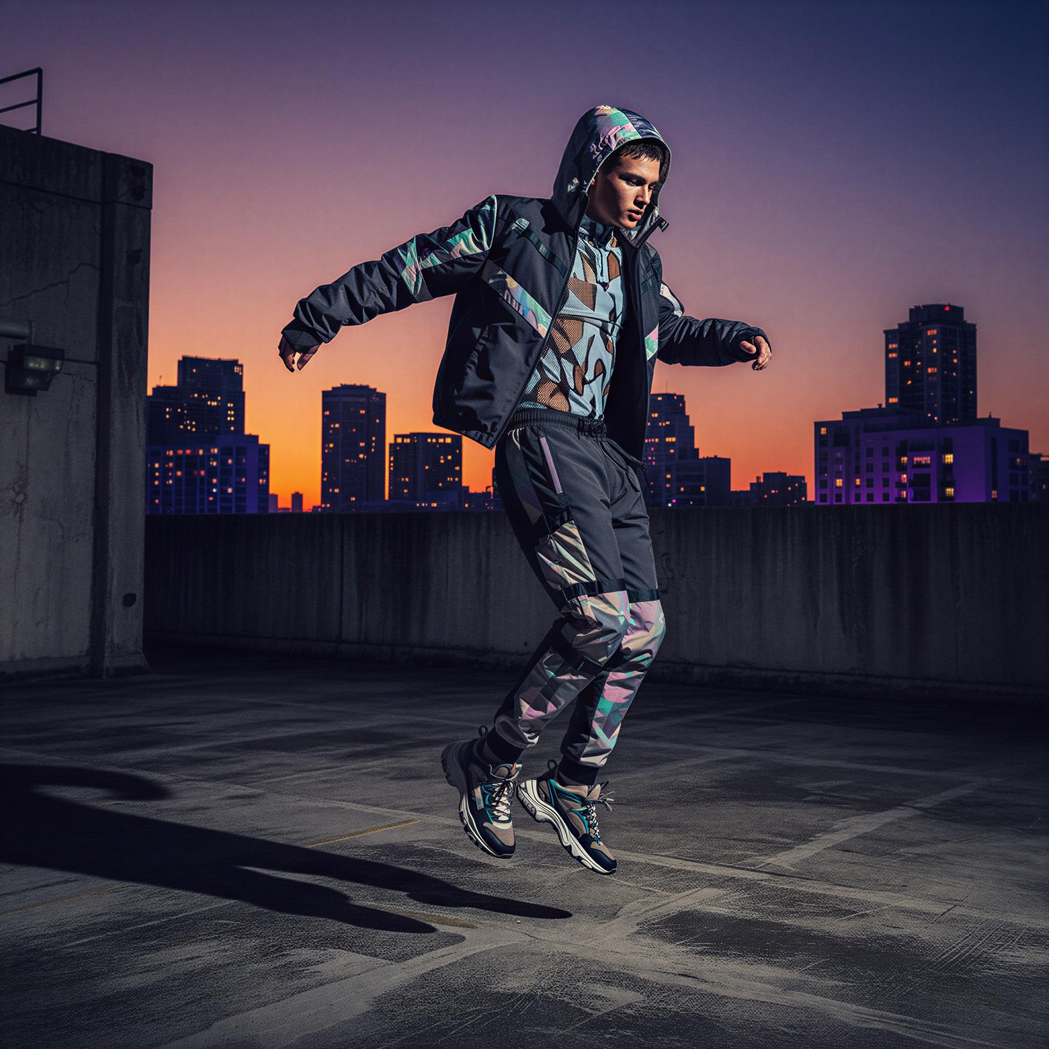Streetwear editorial style photography, urban rooftop setting at dusk, dramatic sidelight illuminating textured concrete, high-fashion athletic wear focus, stark shadows and vibrant city glow, dynamic movement, bold graphic composition, contemporary high-contrast visual, Hypebeast magazine quality
