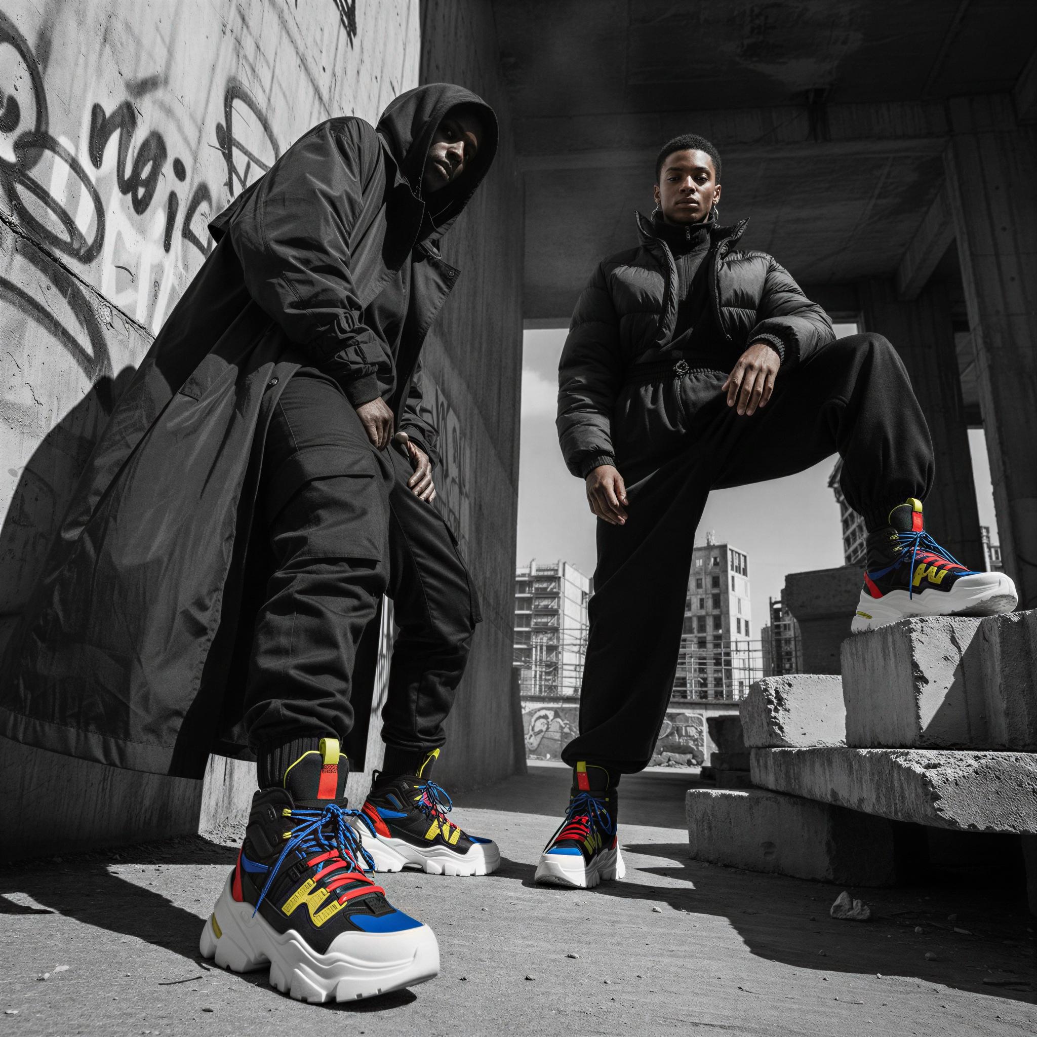 Streetwear editorial style photography, harsh midday sun casting deep shadows on raw concrete jungle, oversized silhouettes, high-contrast monochrome palette with primary color accents, dynamic angular composition, defiant mood, high fashion sneaker culture reference, gritty urban realism, magazine quality depth of field