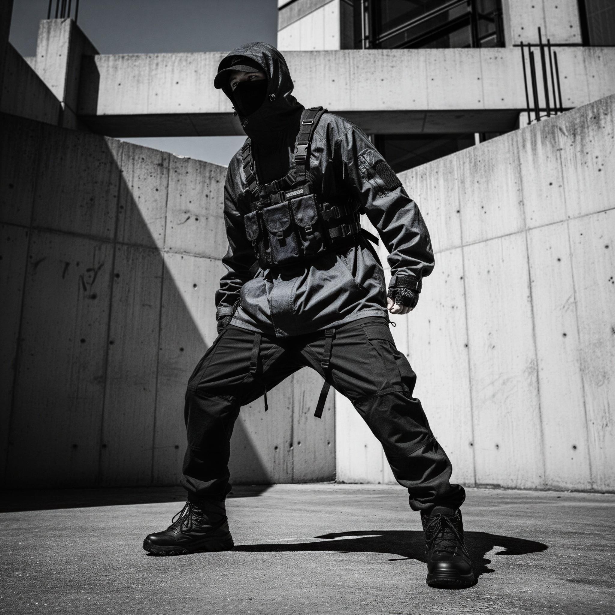 Streetwear editorial style photography, stark urban concrete environment, harsh midday sunlight creating deep shadows, high-contrast textures, graphic silhouettes, bold utility wear, powerful dynamic stance, Japanese streetwear influence, modern edge, professional editorial quality, saturated blacks and grays
