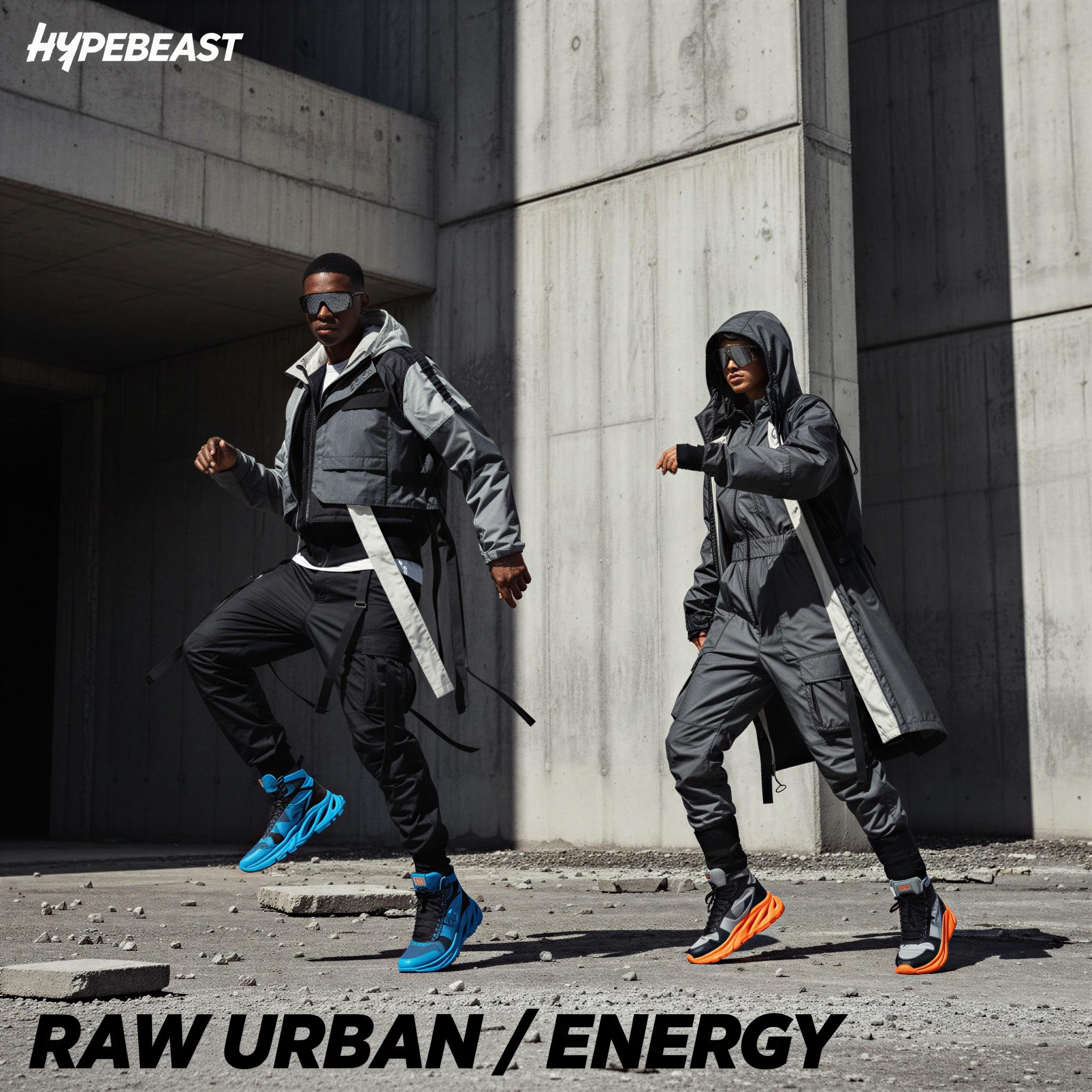 Streetwear editorial style photography, stark urban concrete backdrop, harsh midday sunlight creating deep shadows, technical fabrics and layered silhouettes, monochrome palette with vibrant sneaker accents, high-contrast composition, gritty yet polished execution, Hypebeast magazine quality, dynamic posture, raw urban energy