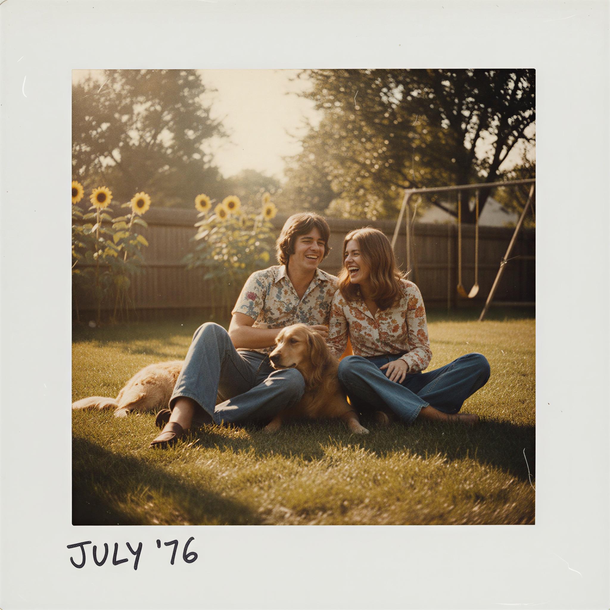 Vintage Polaroid aesthetic photography, sun-drenched backyard setting, slightly faded colors, characteristic white border framing, soft focus, nostalgic summer feeling, imperfect texture, casual yet vibrant atmosphere, 1970s amateur photo style, intimate moment captured, high-quality editorial artifact