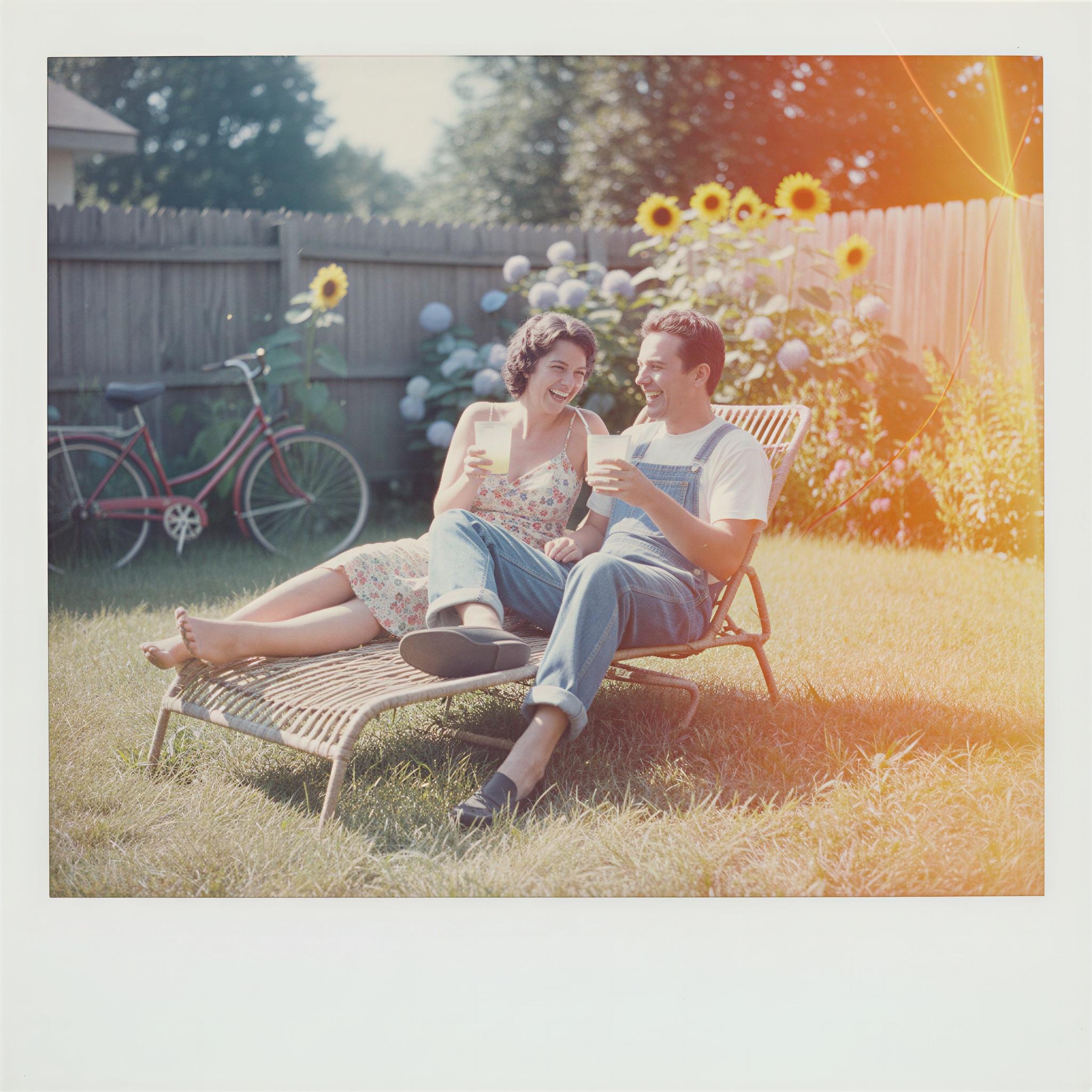 Vintage Polaroid aesthetic photography, sun-drenched backyard setting, faded pastel color palette, soft focus haze, light leaks, nostalgic summer afternoon mood, casual vintage clothing texture, imperfect authentic snapshot composition, charmingly dated aesthetic, film border inclusion, magazine quality analog feel