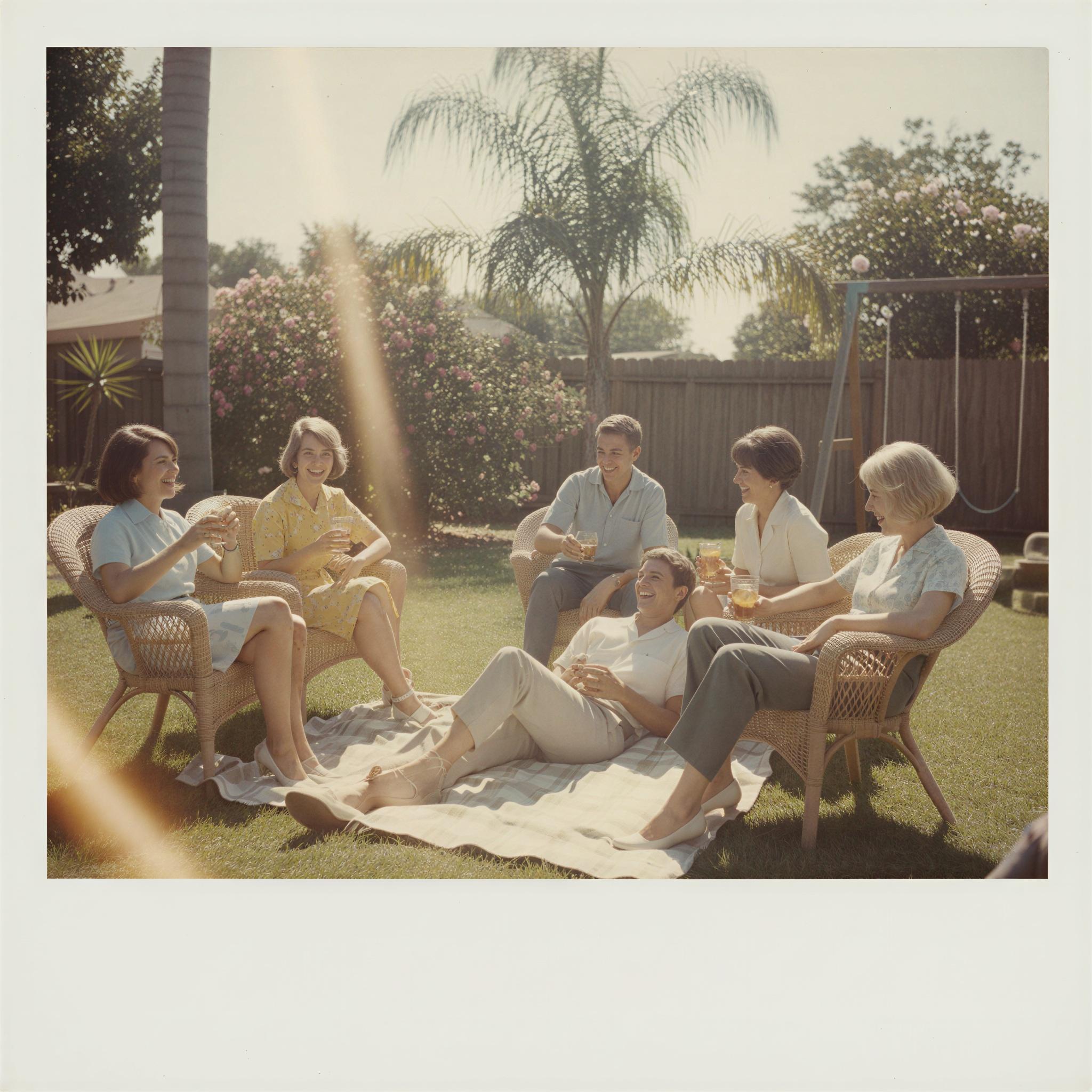 Vintage Polaroid aesthetic photography, sun-drenched backyard setting, faded pastel color palette, distinct white border frame effect, soft focus, hazy summer nostalgia, imperfect light flares, casual relaxed mood, warm mid-century ambiance, snapshot composition, magazine quality candid shot