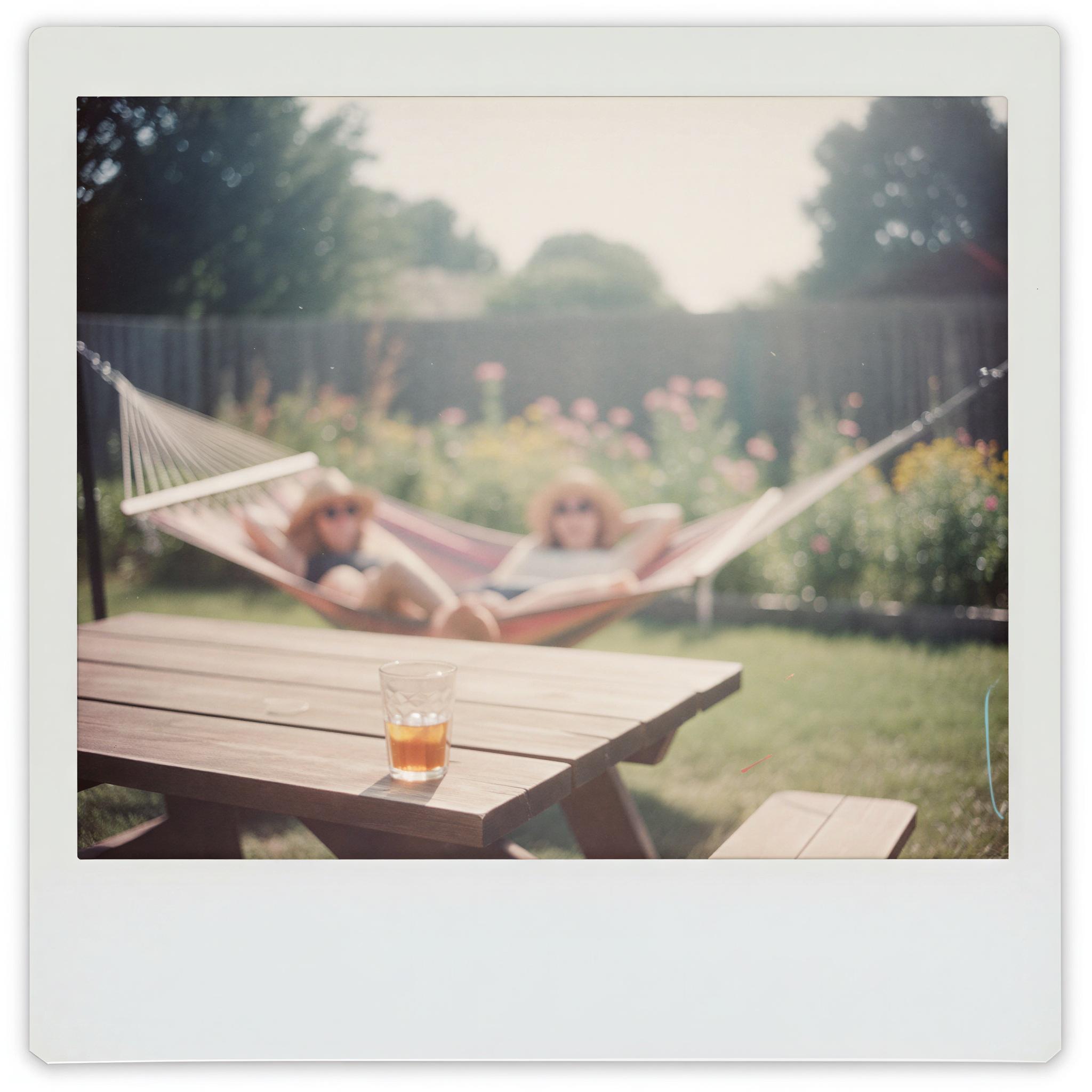 Vintage Polaroid aesthetic photography, sun-drenched backyard scene, faded pastel tones, distinct white border frame effect, imperfect focus, soft summer haze, nostalgic, dreamy atmosphere, casual summer leisure, Lomography influence, shallow depth of field, authentic artifact quality