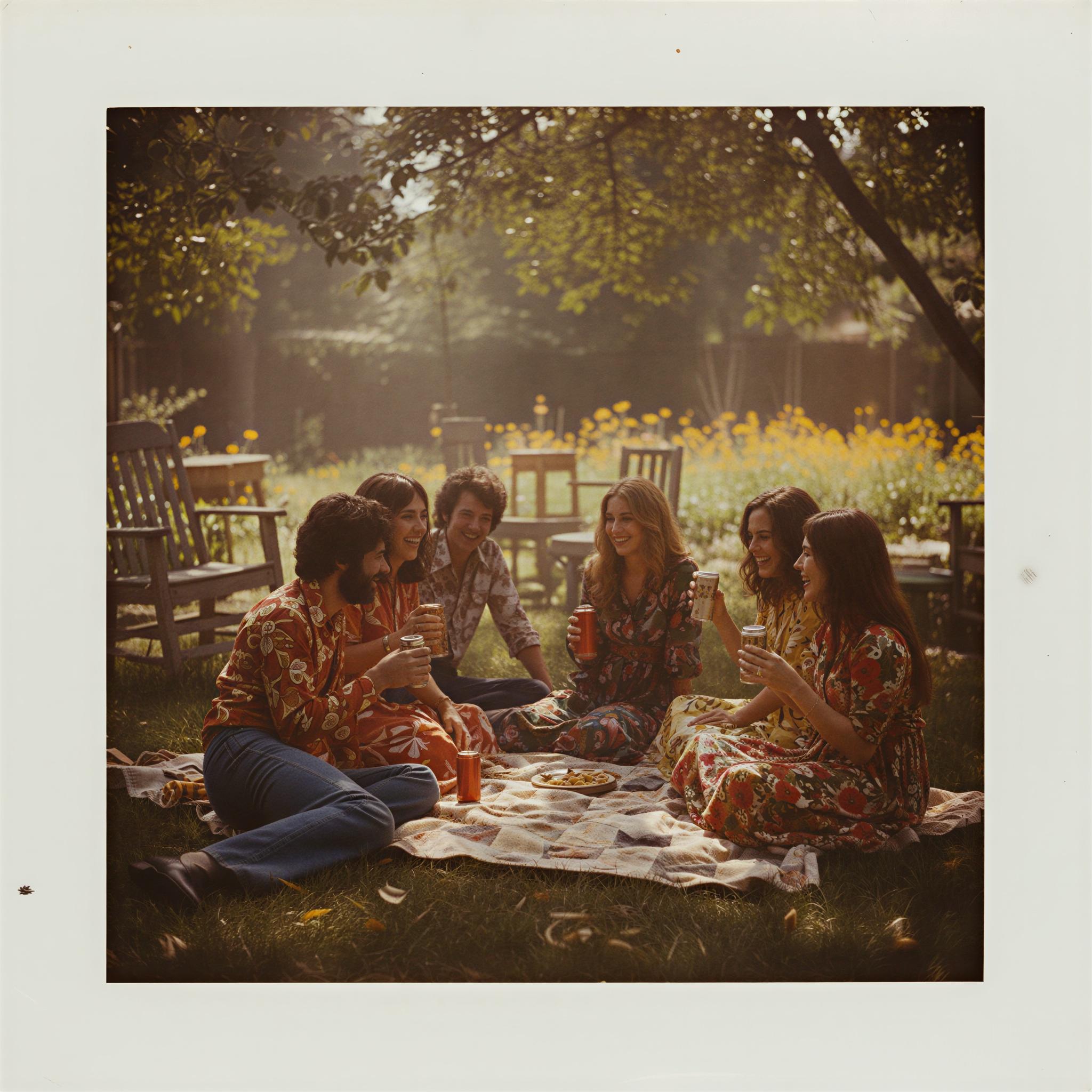 Vintage polaroid aesthetic photography, hazy summer backyard setting, faded saturated colors, soft focus depth of field, slightly underexposed, nostalgic analog charm, sun-drenched imperfection, casual warm moment, 1970s aesthetic vibe, square format composition, magazine quality instant film portraiture