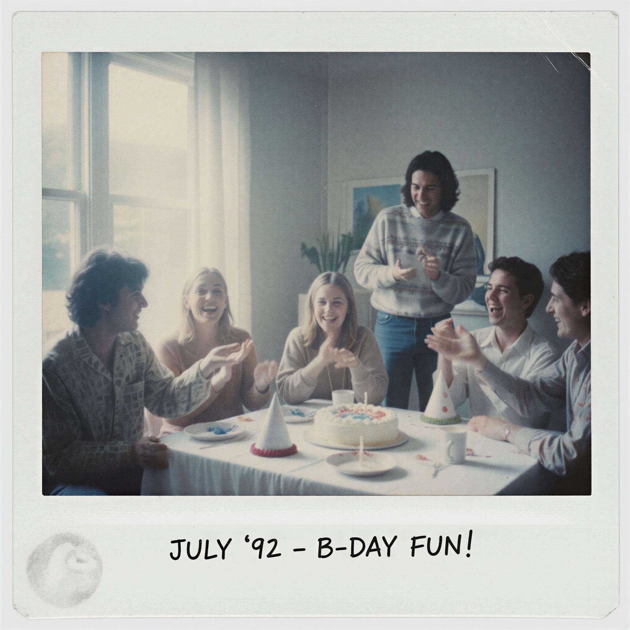 Vintage Polaroid aesthetic photography, faded pastel color palette, slightly misaligned white border, casual birthday party scene, soft diffused indoor light, nostalgic and ephemeral mood, slightly blurred candid moment, low saturation, authentic vintage feel, DIY aesthetic, magazine quality snapshot style