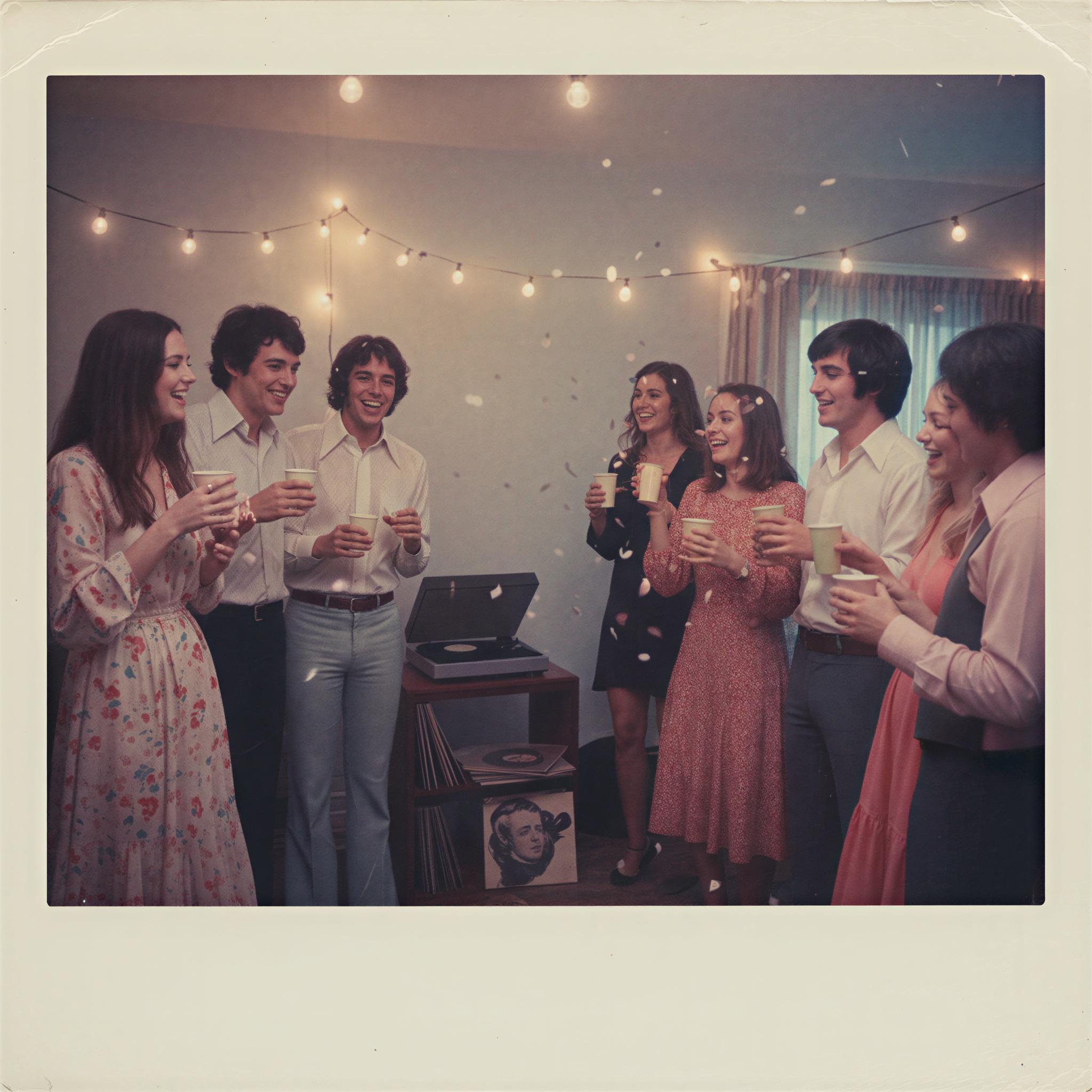 Vintage Polaroid aesthetic photography, faded pastel tones, warm indoor lighting from strung fairy lights, casual celebratory atmosphere, slightly blurred edges, cross-processed look, intimate snapshot moment, 1970s party nostalgia, textured paper effect, authentic instant film quality, magazine quality candid shot