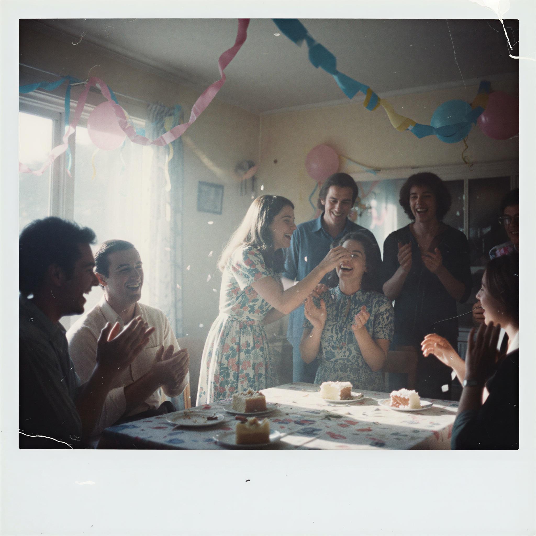 Vintage Polaroid aesthetic photography, faded pastel colors, soft focus, sun-drenched interior of a nostalgic birthday party, happy spontaneous moment, imperfect vintage framing, authentic camera artifacts, low saturation, intimate emotional tone, analog imperfection, magazine quality candid shot