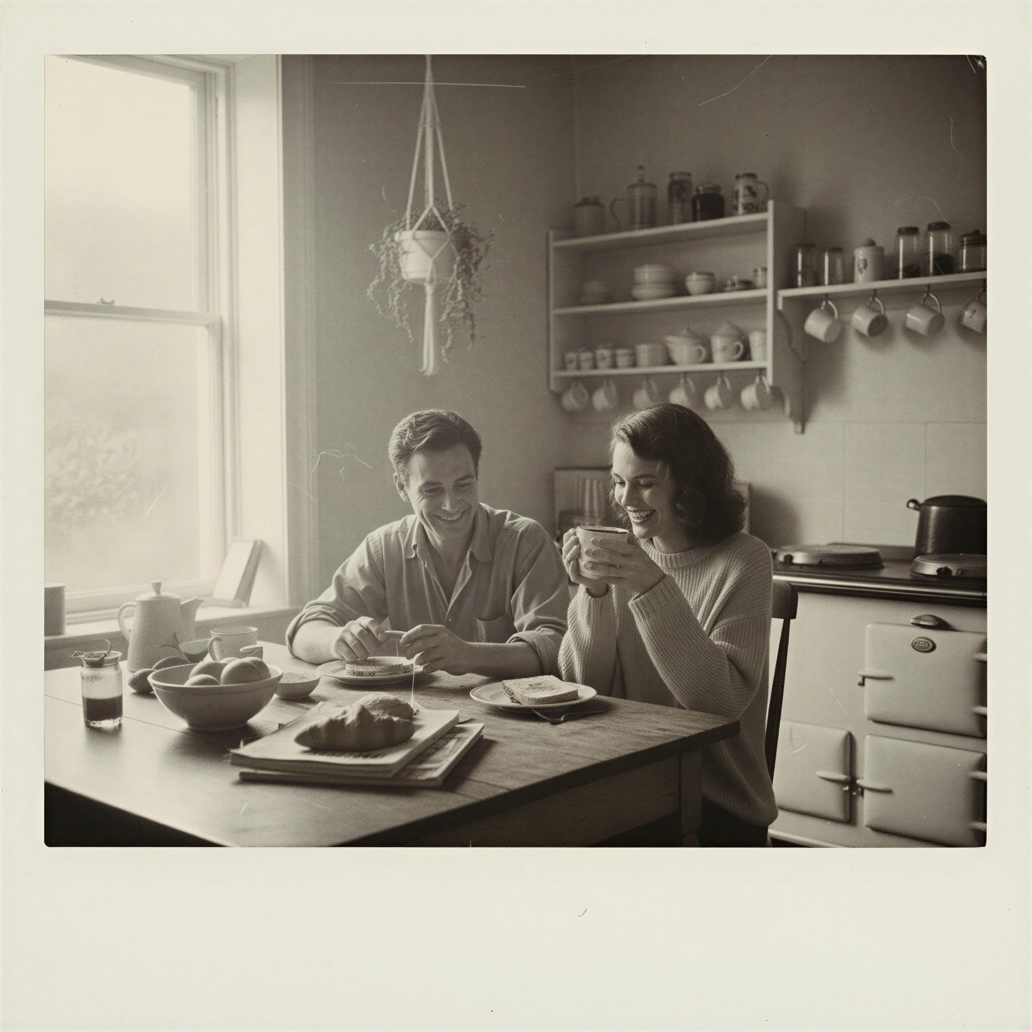Vintage polaroid aesthetic photography, faded pastel kitchen setting, soft diffused window light, sepia wash with characteristic white border, casual domestic scene, sense of faded memory and intimacy, low contrast film look, nostalgic imperfection, casual framed composition, vogue editorial quality snapshot