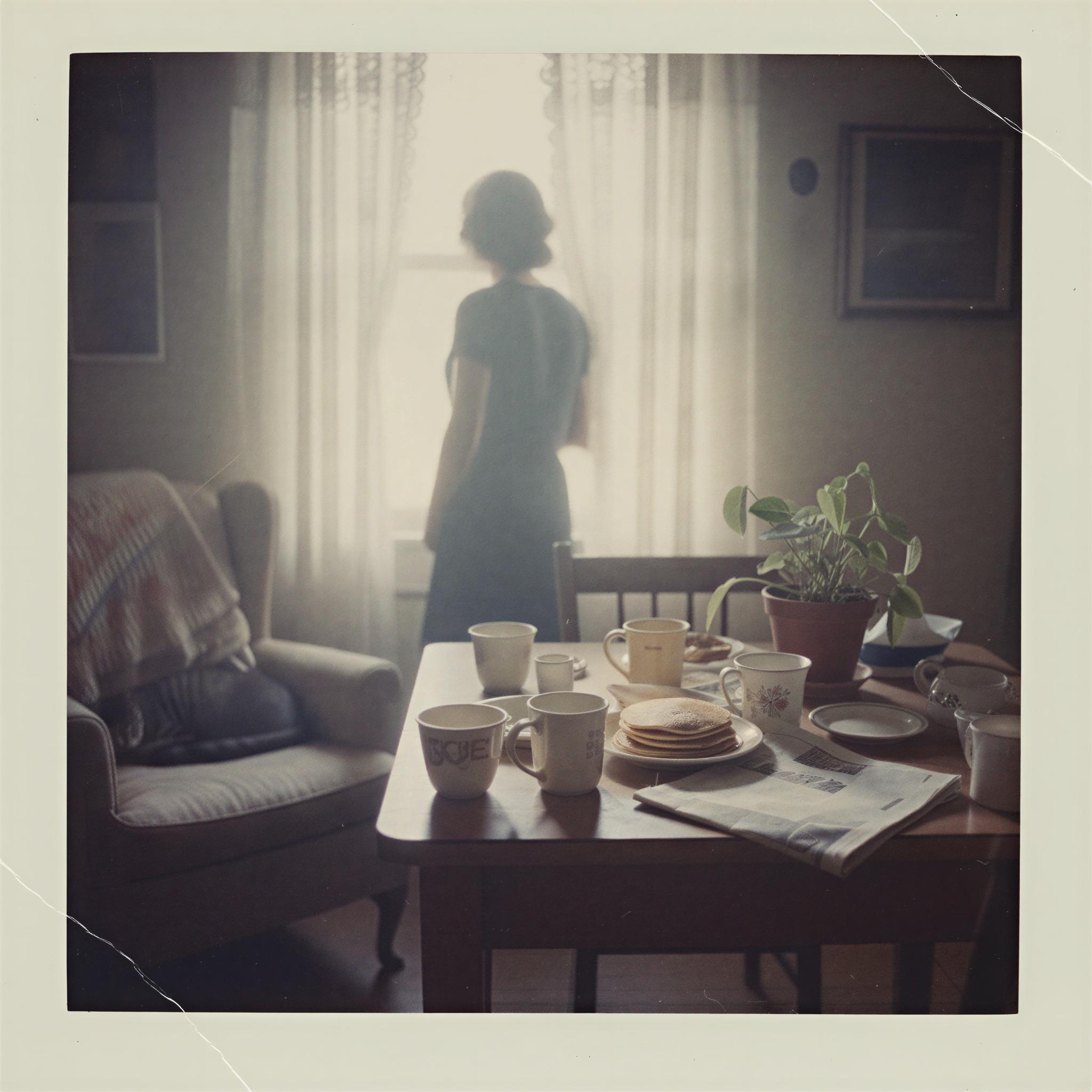 Vintage Polaroid aesthetic photography, soft diffused light through lace curtains, faded pastel color palette, slightly overexposed look, cozy cluttered kitchen setting, intimate domestic scene, melancholic yet warm mood, square format composition, retro Americana feel, slight border imperfection, magazine quality nostalgic snapshot