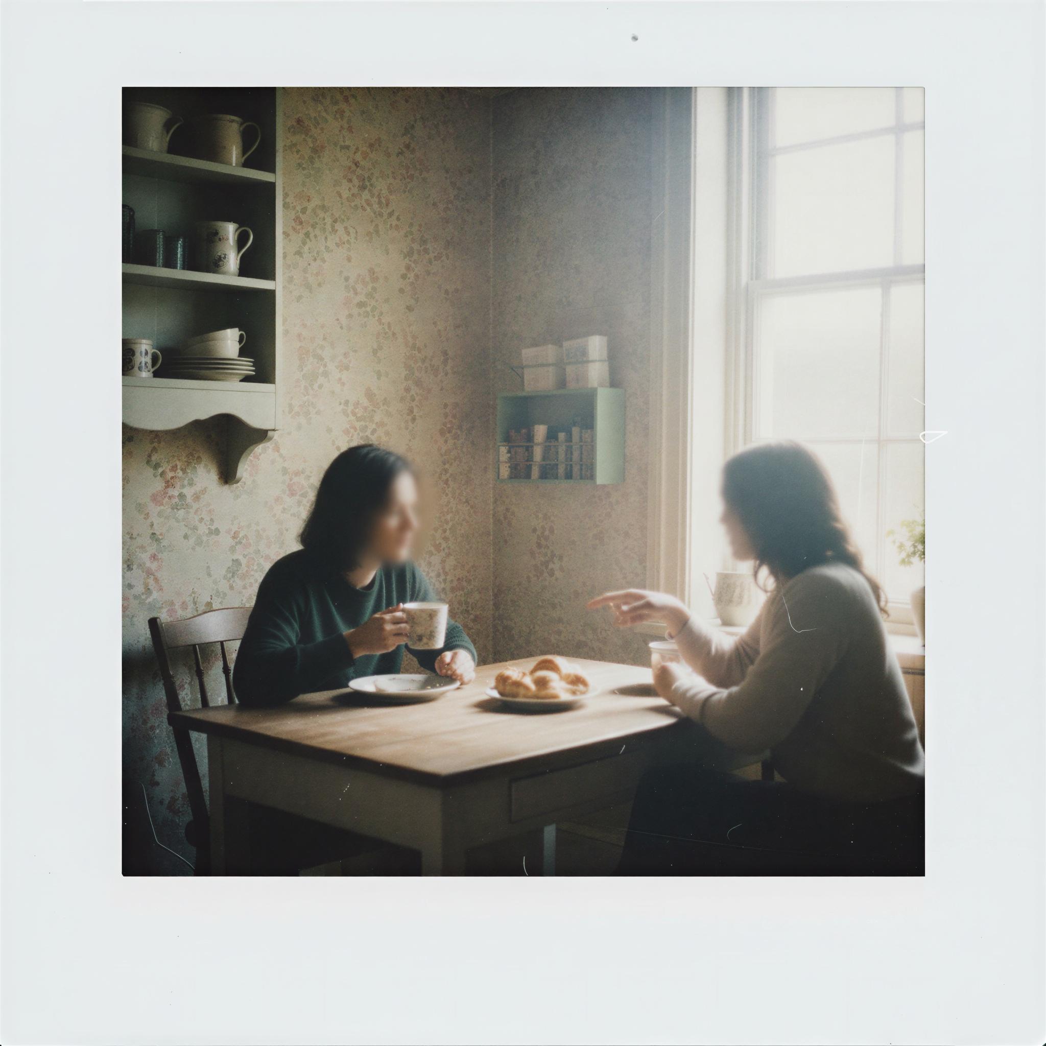 Vintage Polaroid aesthetic photography, soft-focus, faded pastel color palette, slightly overexposed look, intimate kitchen setting with textured wallpaper, fleeting memory atmosphere, warm nostalgic tone, square framing with white border effect, casual lifestyle moment, imperfect vintage charm, editorial quality snapshot