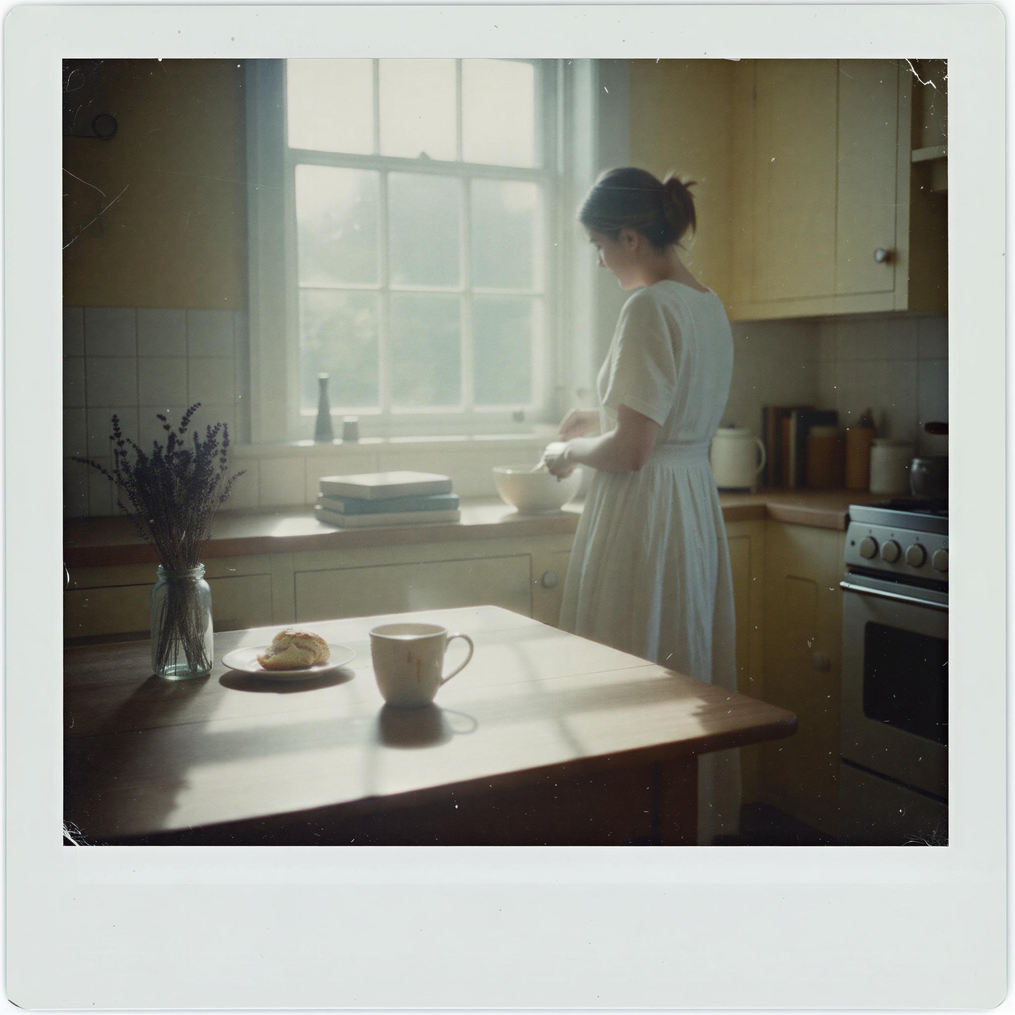 Vintage Polaroid aesthetic photography, soft washed-out colors, pale yellow kitchen setting, sun-dappled afternoon light, hazy focus, ephemeral moment captured, nostalgic mood, imperfect square framing, faded texture overlay, quiet domestic intimacy, lifestyle editorial feel