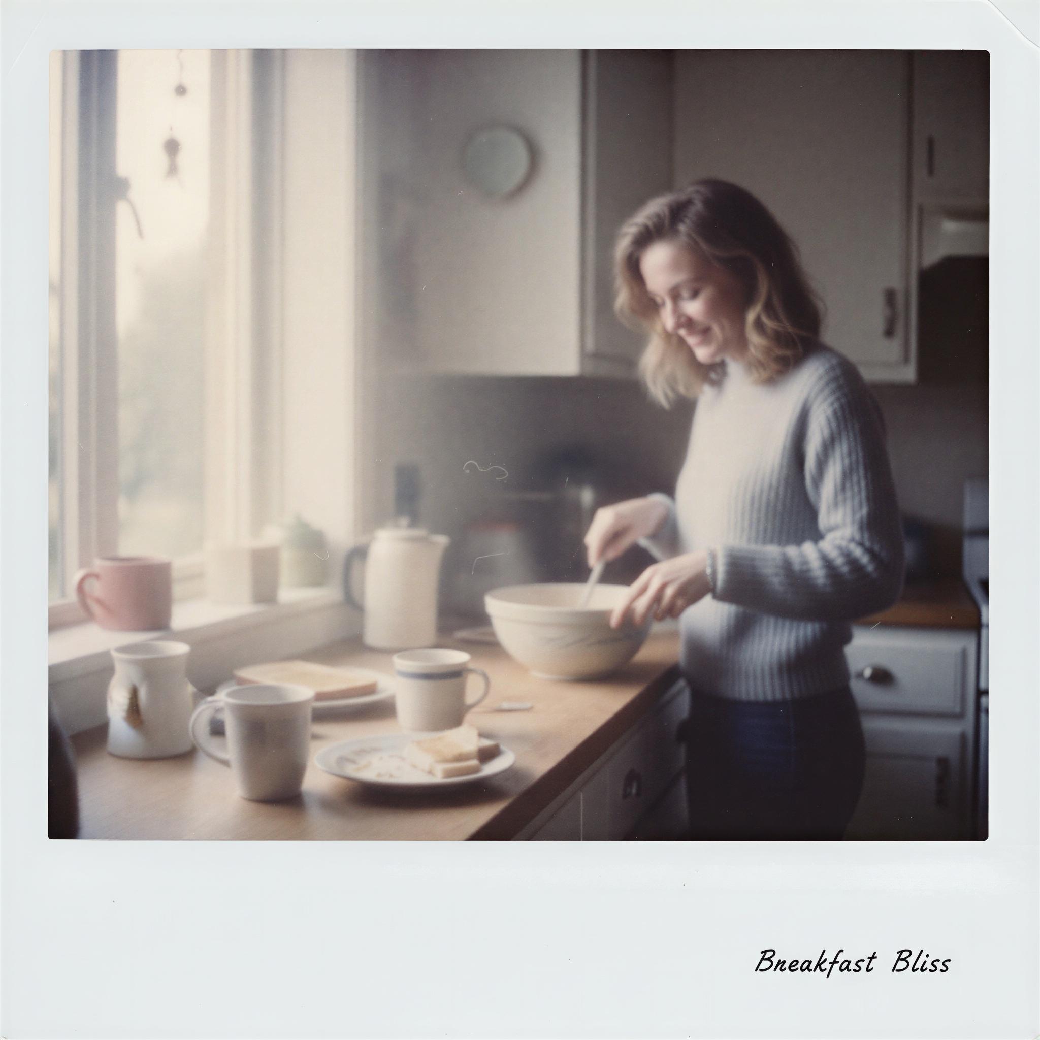 Vintage polaroid aesthetic photography, faded pastel colors, soft focus lens effect, slightly overexposed, warm domestic kitchen setting, cozy nostalgic atmosphere, intimate candid moment captured, white border frame detail, ephemeral memory feeling, gentle natural window light, magazine quality analog snapshot