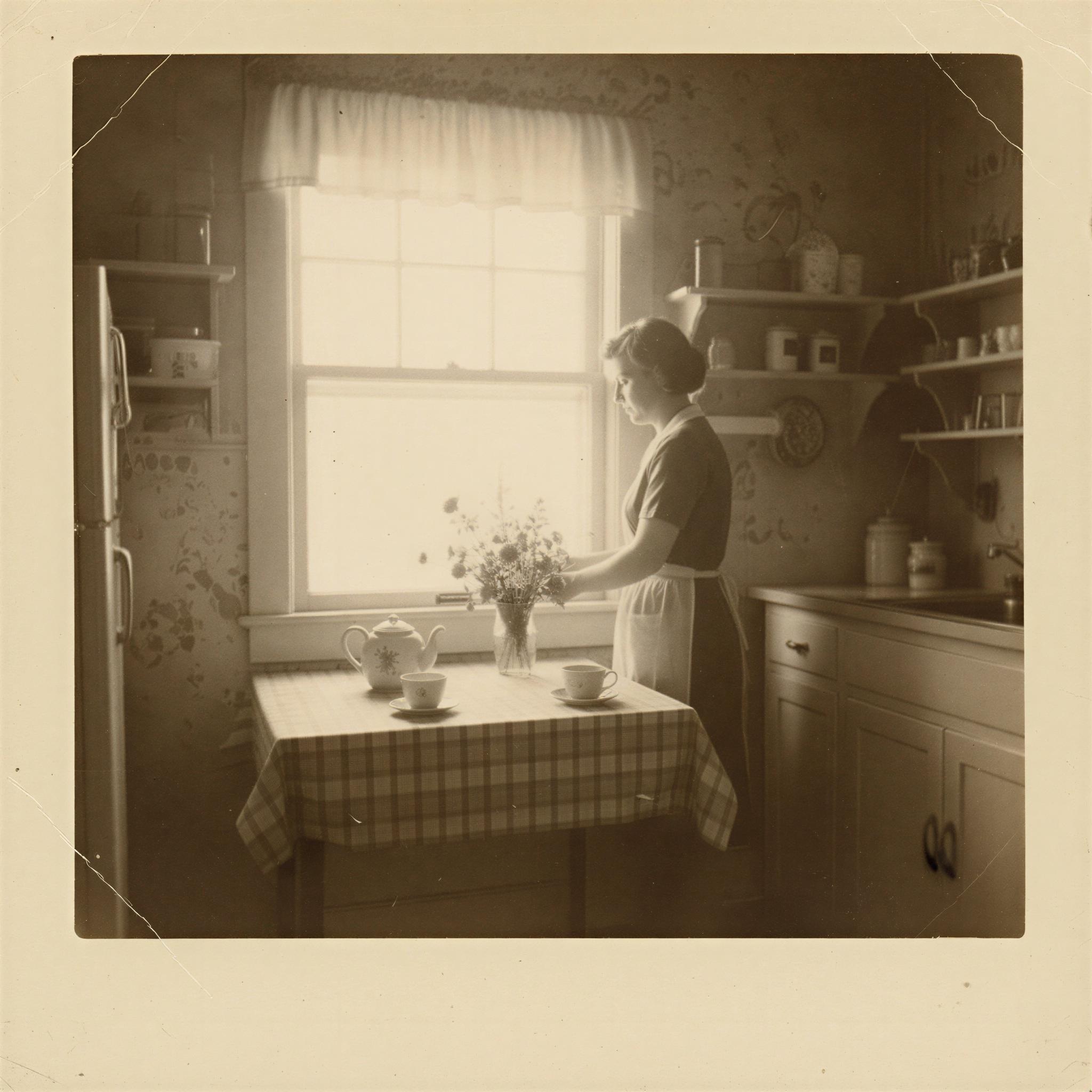 Vintage polaroid aesthetic photography, faded pastel kitchen setting, soft diffused window light, slightly yellowed borders, authentic square framing, intimate nostalgic memory, low contrast, imperfect focus, warm sepia undertones, domestic simplicity, authentic Americana feel, high-resolution emulation.
