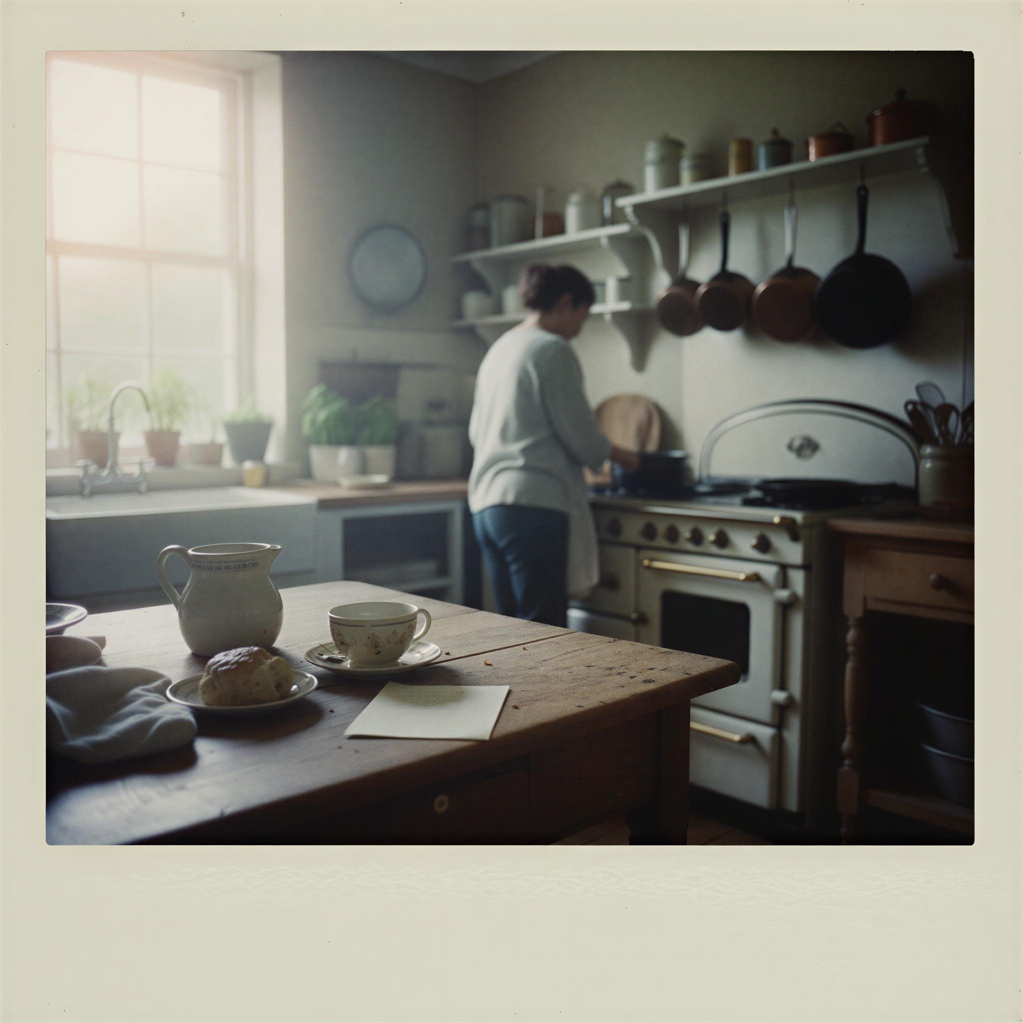 Vintage polaroid aesthetic photography, soft diffused window light in a rustic kitchen, faded pastel color palette, tangible film border framing, warm and intimate atmosphere, sentimental domestic scene, subtle light bleed effect, candid snapshot composition, nostalgic emotional tone, magazine quality authentic vintage capture