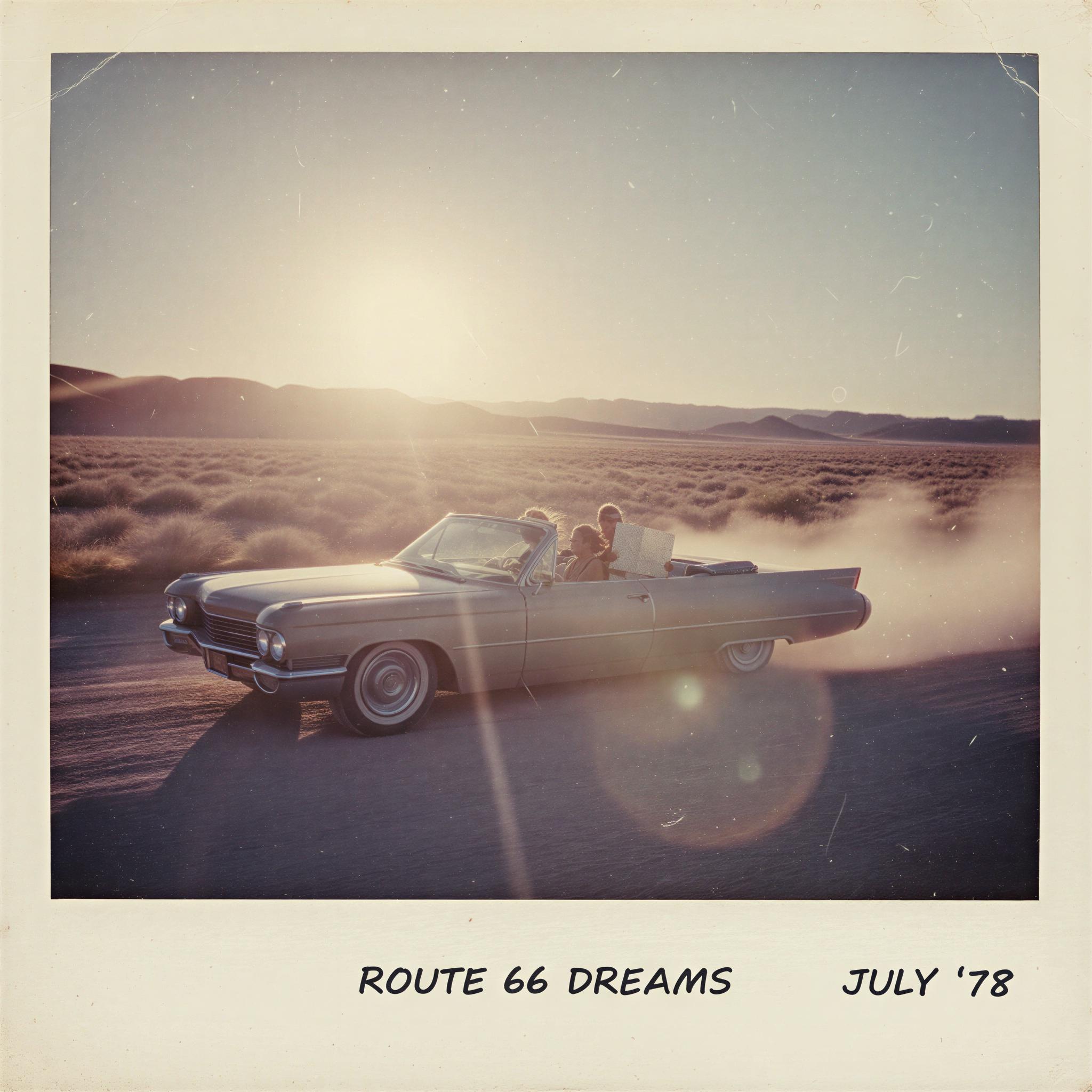 Vintage polaroid aesthetic photography, dusty desert road trip scene, faded pastel colors, soft focus and light flares, authentic border frame effect, nostalgic Americana mood, low-angle composition, warm afternoon sun capturing movement, gritty texture, retro travel editorial style, magazine quality snapshot
