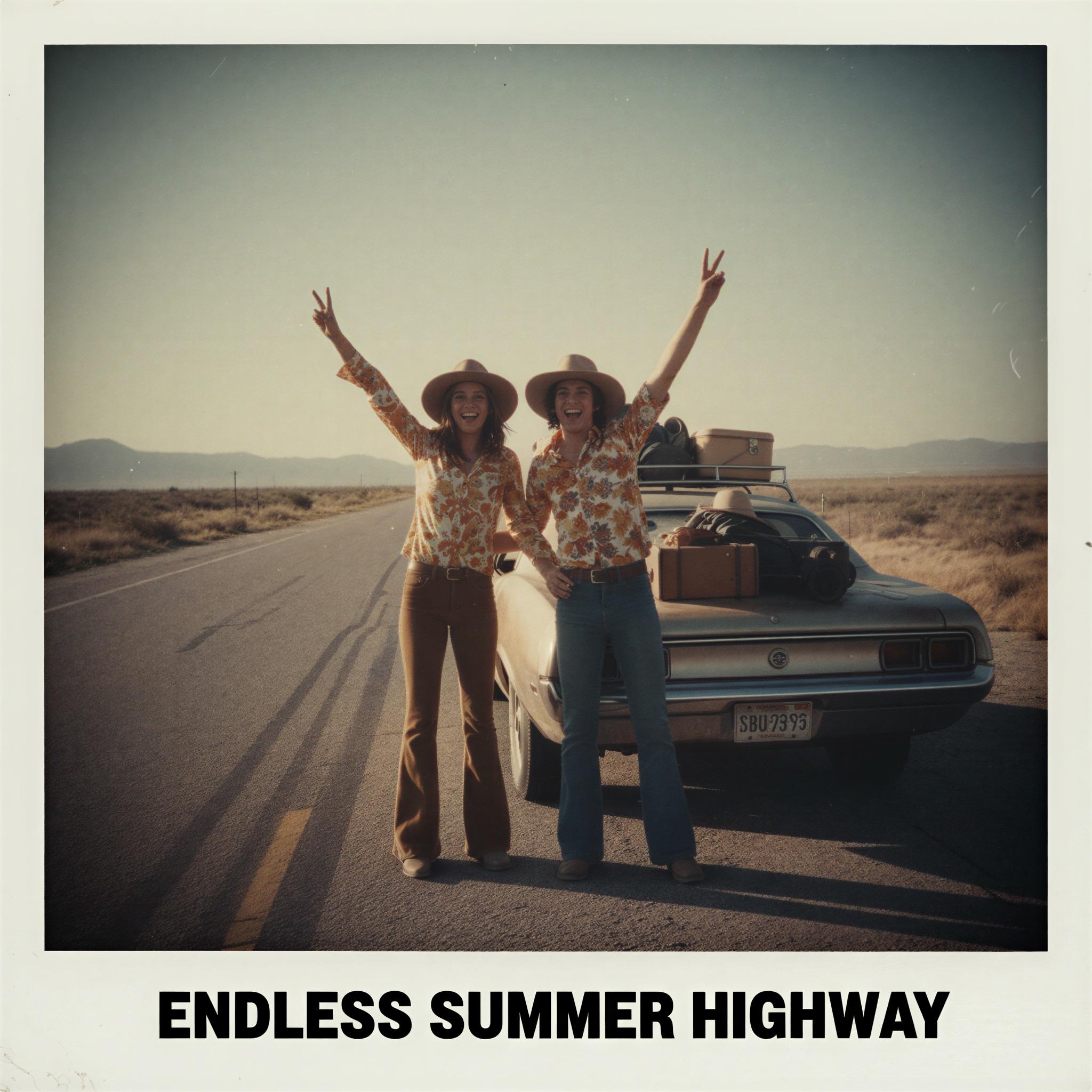 Vintage Polaroid aesthetic photography, sun-drenched dusty highway setting, faded color palette, square format framing, characteristic soft focus and vignetting, authentic film border visible, carefree road trip mood, analog warmth and nostalgia, expressive candid moment, authentic 1970s Americana feel, magazine quality lo-fi editorial