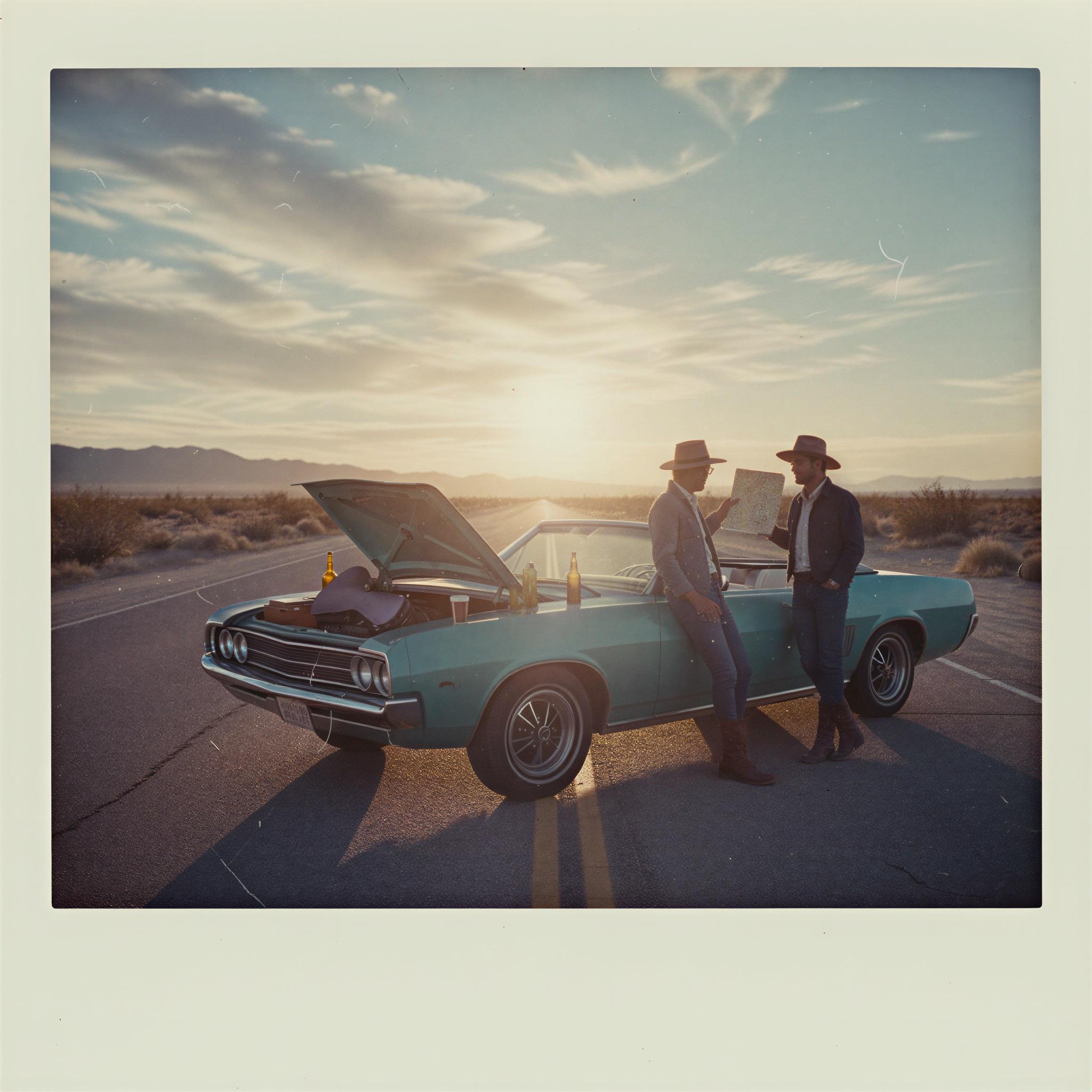 Vintage polaroid aesthetic photography, sun-bleached desert road trip scene, faded pastel colors, soft focus, white border frame effect, nostalgic adventure mood, dusty atmosphere, grainy texture, imperfect charm, Americana road trip styling, retro compositional framing, magazine quality analog snapshot