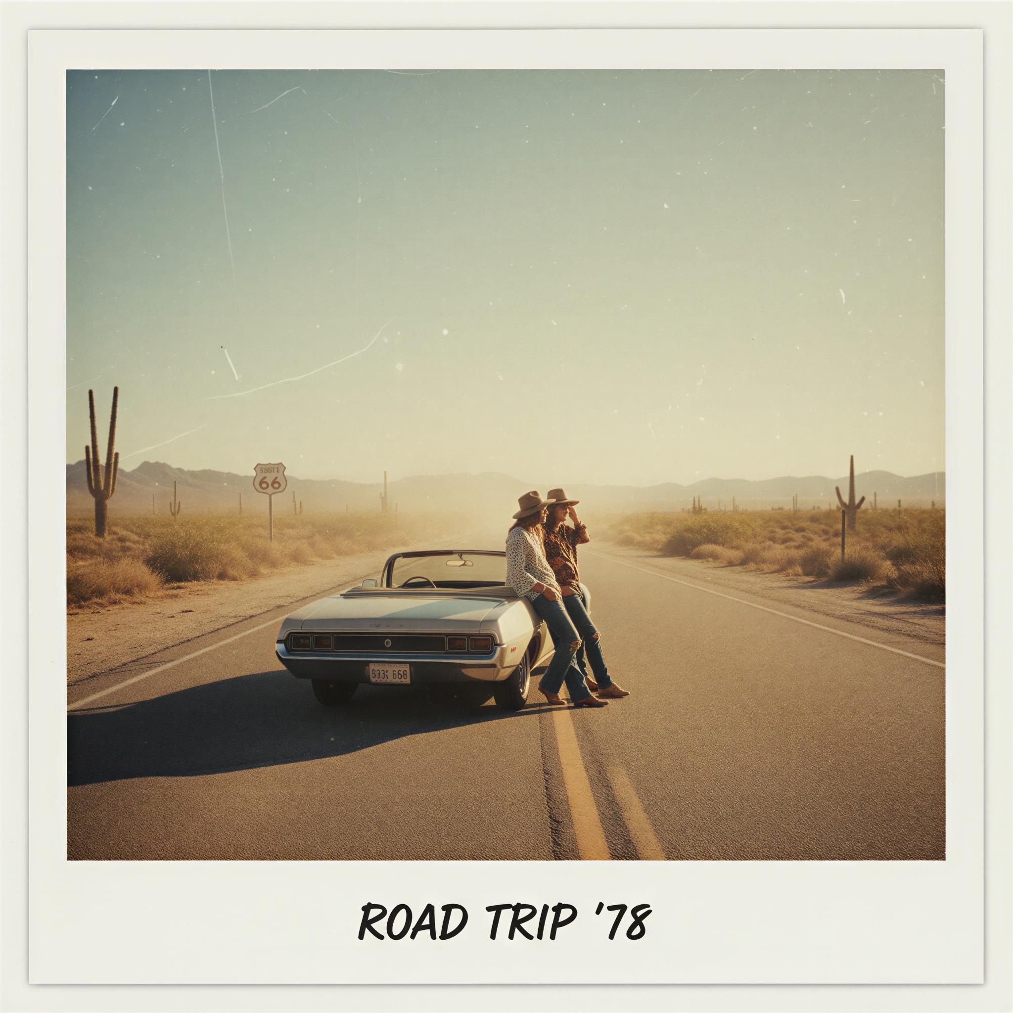 Vintage Polaroid aesthetic photography, sun-drenched dusty highway, faded color palette, soft focus and blurred edges, authentic white border frame, nostalgic road trip feeling, carefree desert vibe, analog imperfection, warm low-contrast lighting, retro adventure editorial, magazine quality snapshot quality