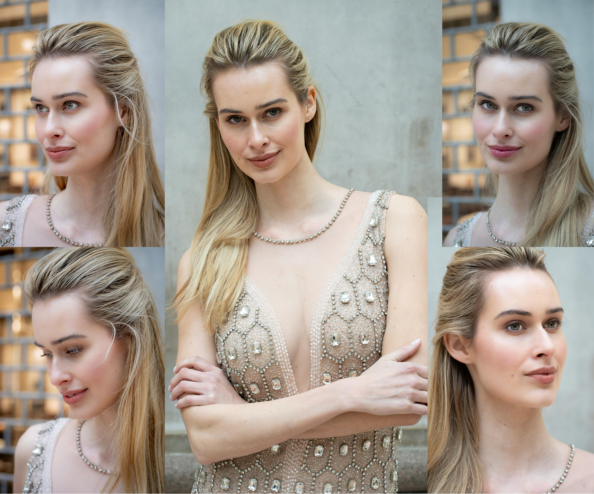 A collage of six close-up portraits of a woman with long blonde hair, wearing a sparkling, beaded dress, showcasing different angles and expressions against a neutral background.