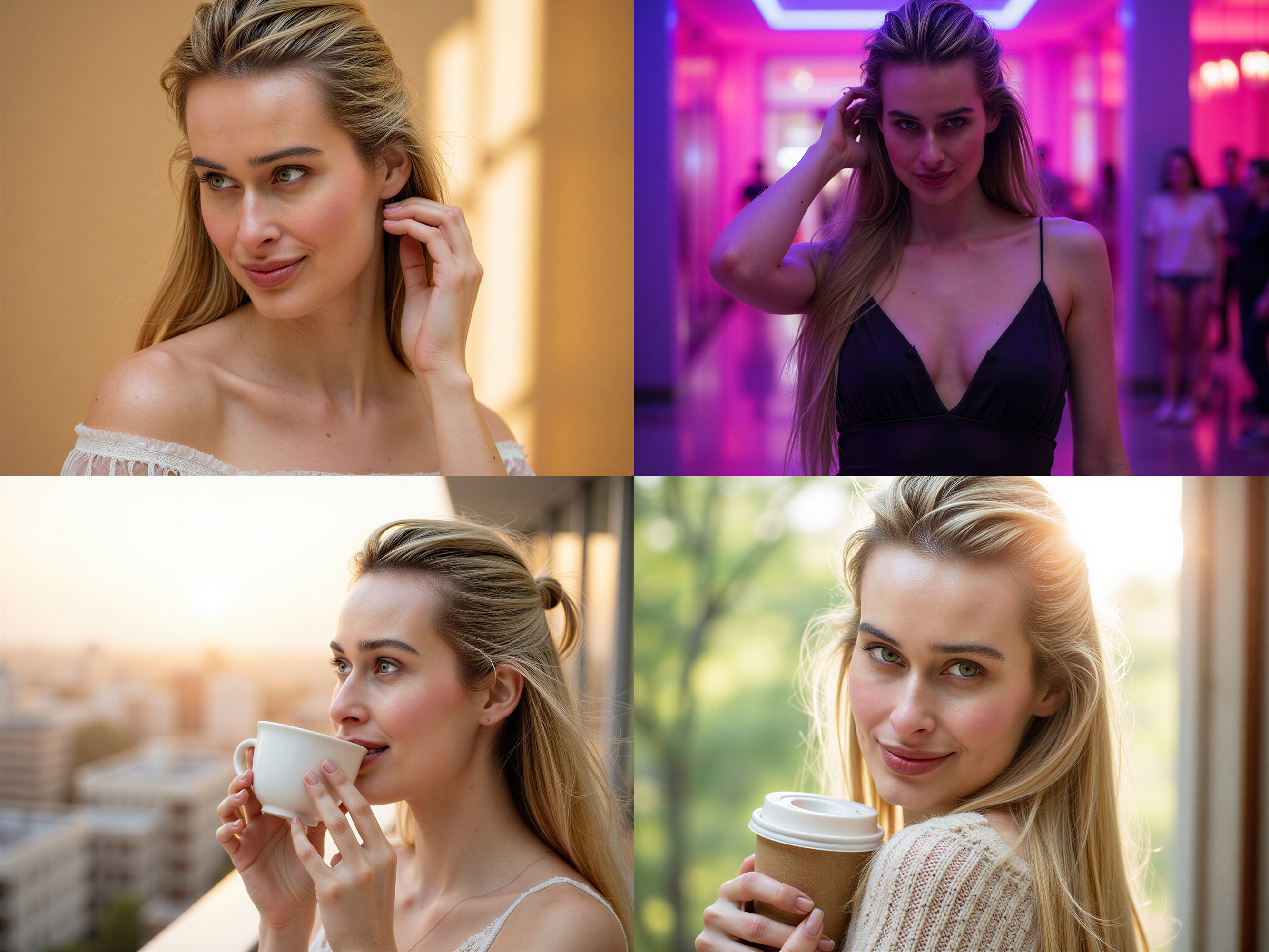 Collage of a stylish blonde woman in various settings: top left in soft sunlight, top right in a vibrant, colorful hallway, bottom left enjoying coffee at sunset, and bottom right smiling with a takeout cup.