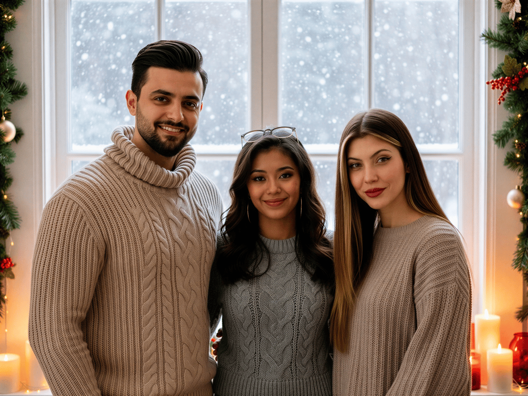 A cheerful group of three friends posing together by a window adorned with festive decorations, surrounded by soft lighting and snow falling outside, all wearing cozy knitted sweaters.