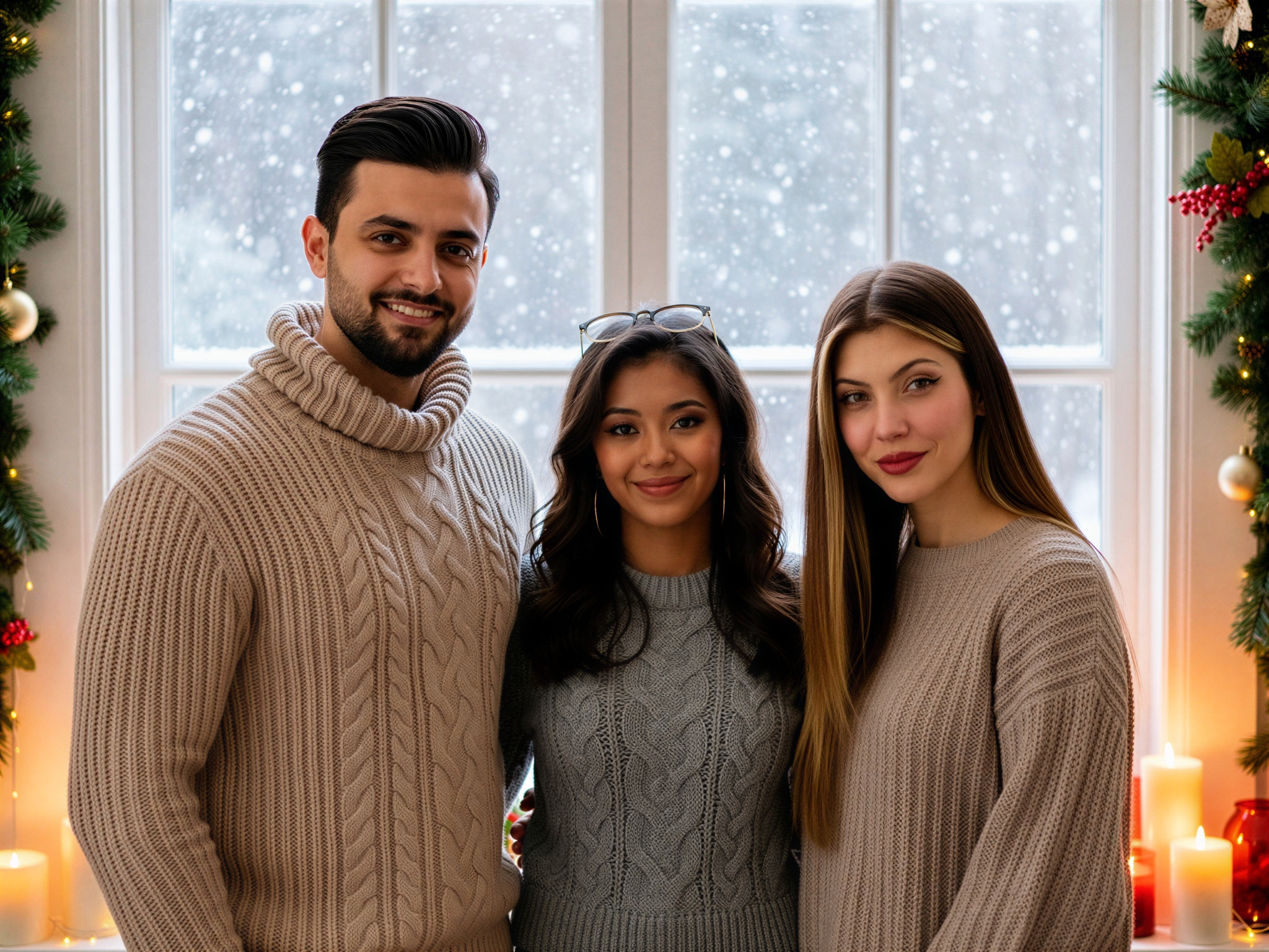 A cheerful group of three friends posing together by a window adorned with festive decorations, surrounded by soft lighting and snow falling outside, all wearing cozy knitted sweaters.