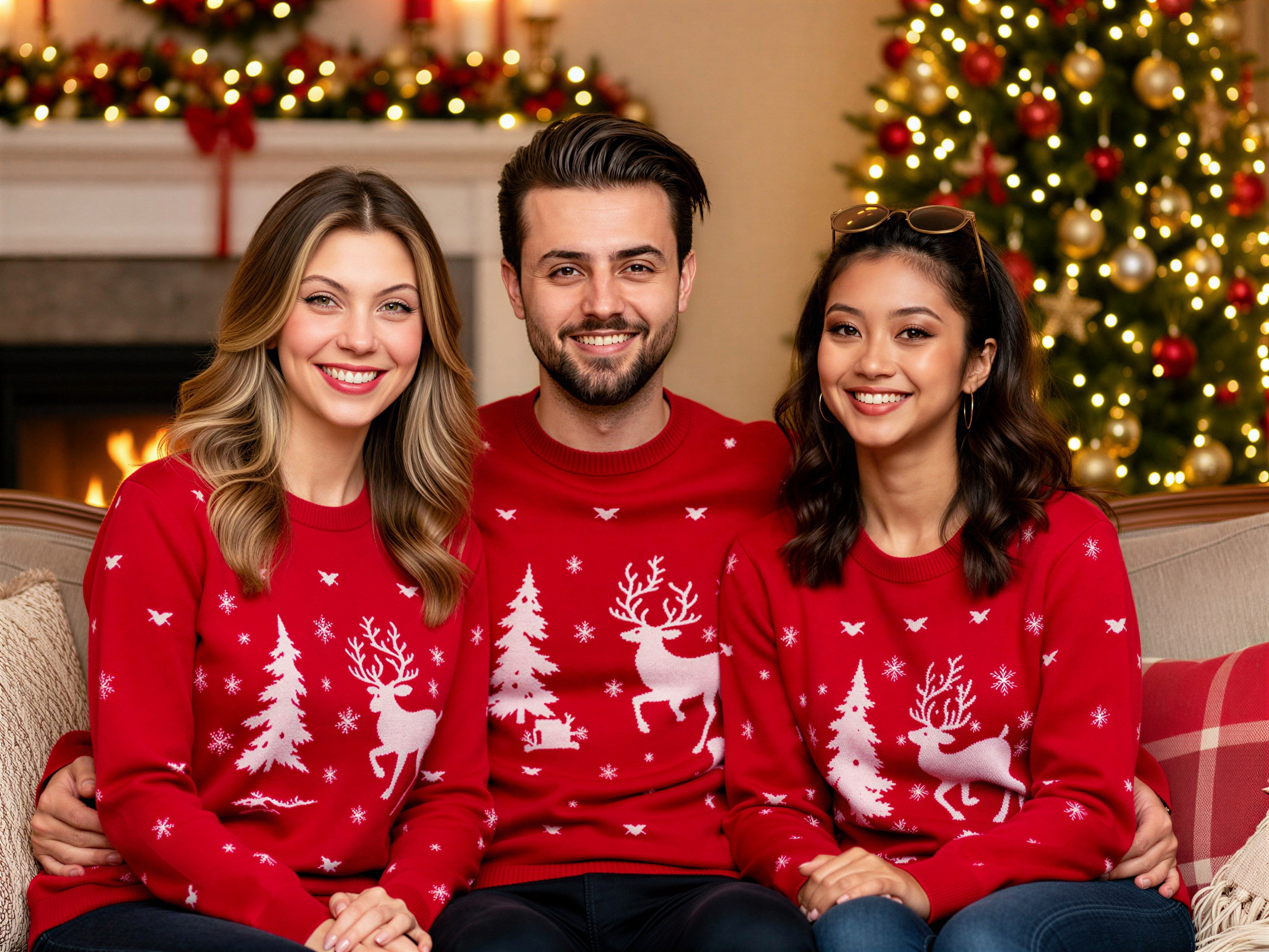 Three friends wearing matching festive red sweaters featuring holiday designs, sitting together in a cozy living room decorated with a Christmas tree and a fireplace.