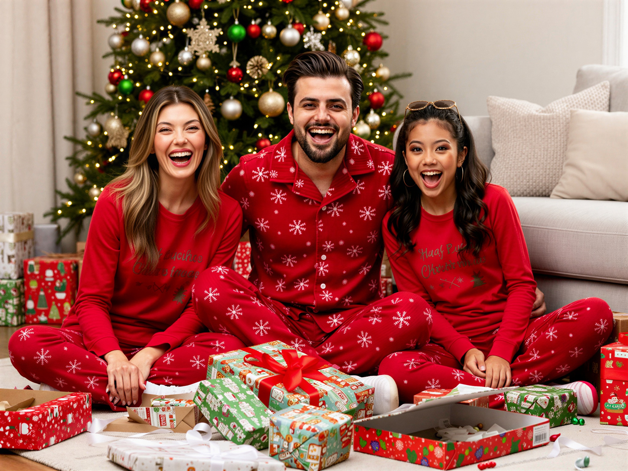 Three friends in matching red holiday pajamas are joyfully seated on the floor surrounded by colorful Christmas presents and a decorated tree, celebrating the festive season.
