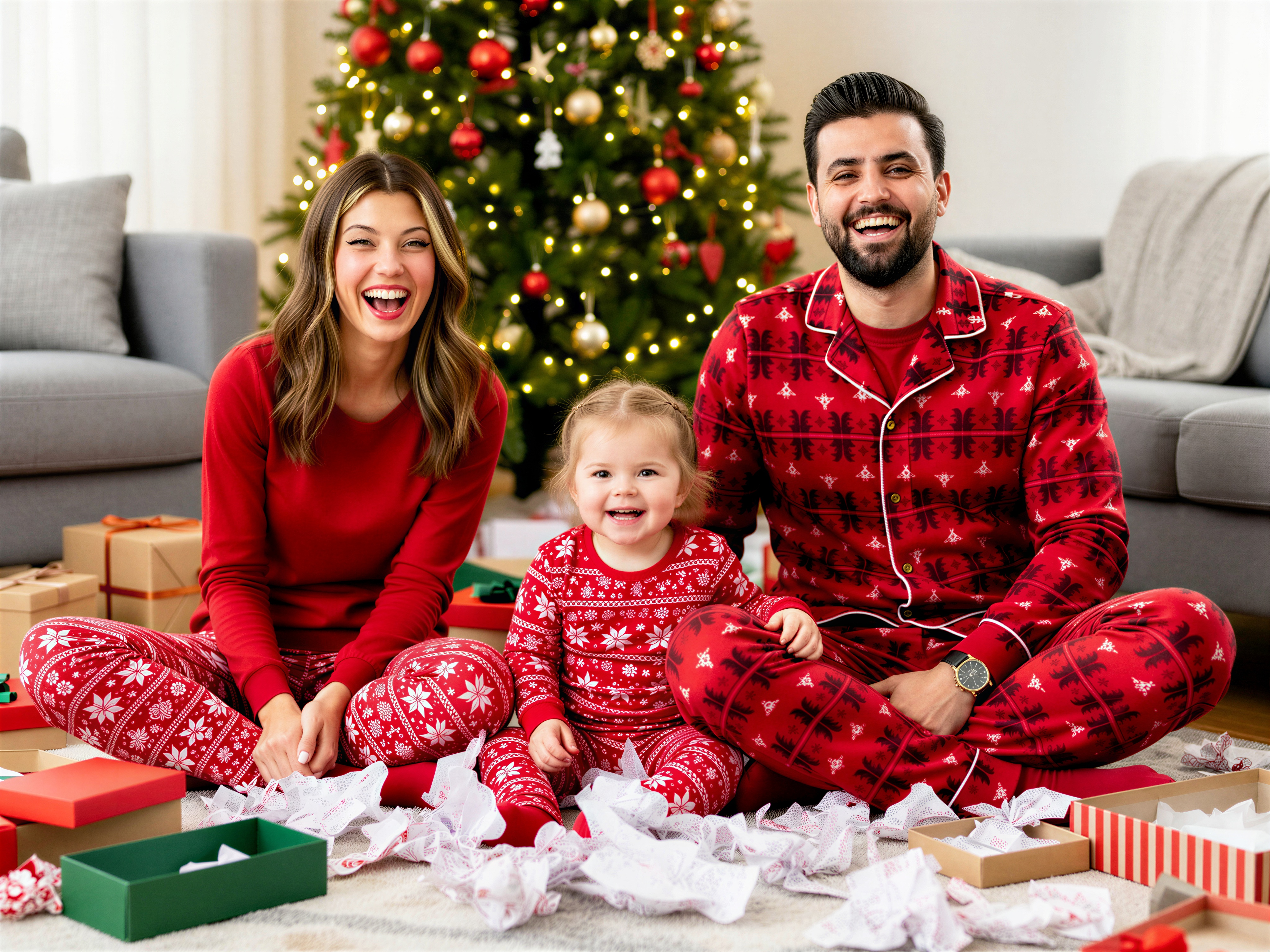 Happy family of three in matching red holiday pajamas, sitting on the floor surrounded by gift wrappers and presents, with a decorated Christmas tree in the background.