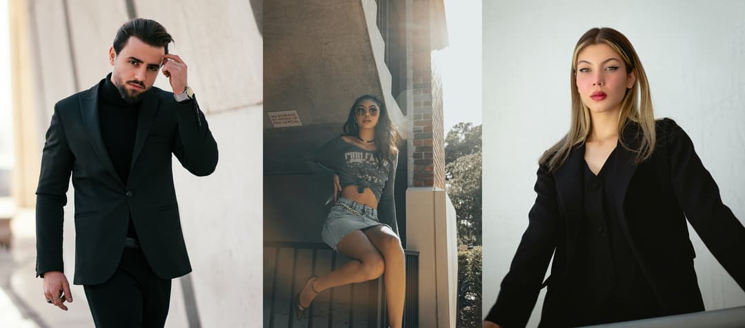Three side-by-side urban fashion portraits: model in black suit walking, model in denim skirt and sunglasses on railing, and model in black blazer posing.