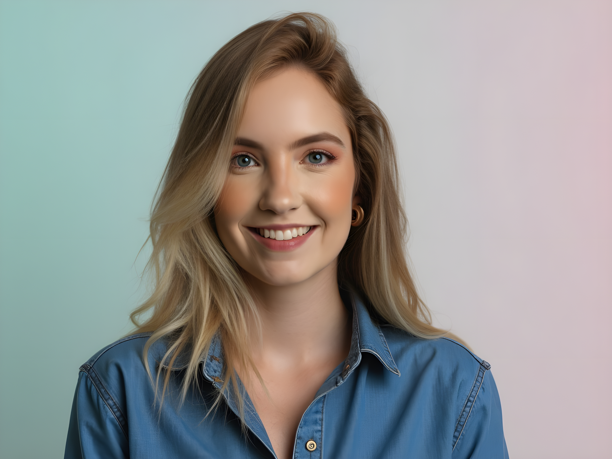 Cheerful young woman smiling in a blue shirt against a pastel background.