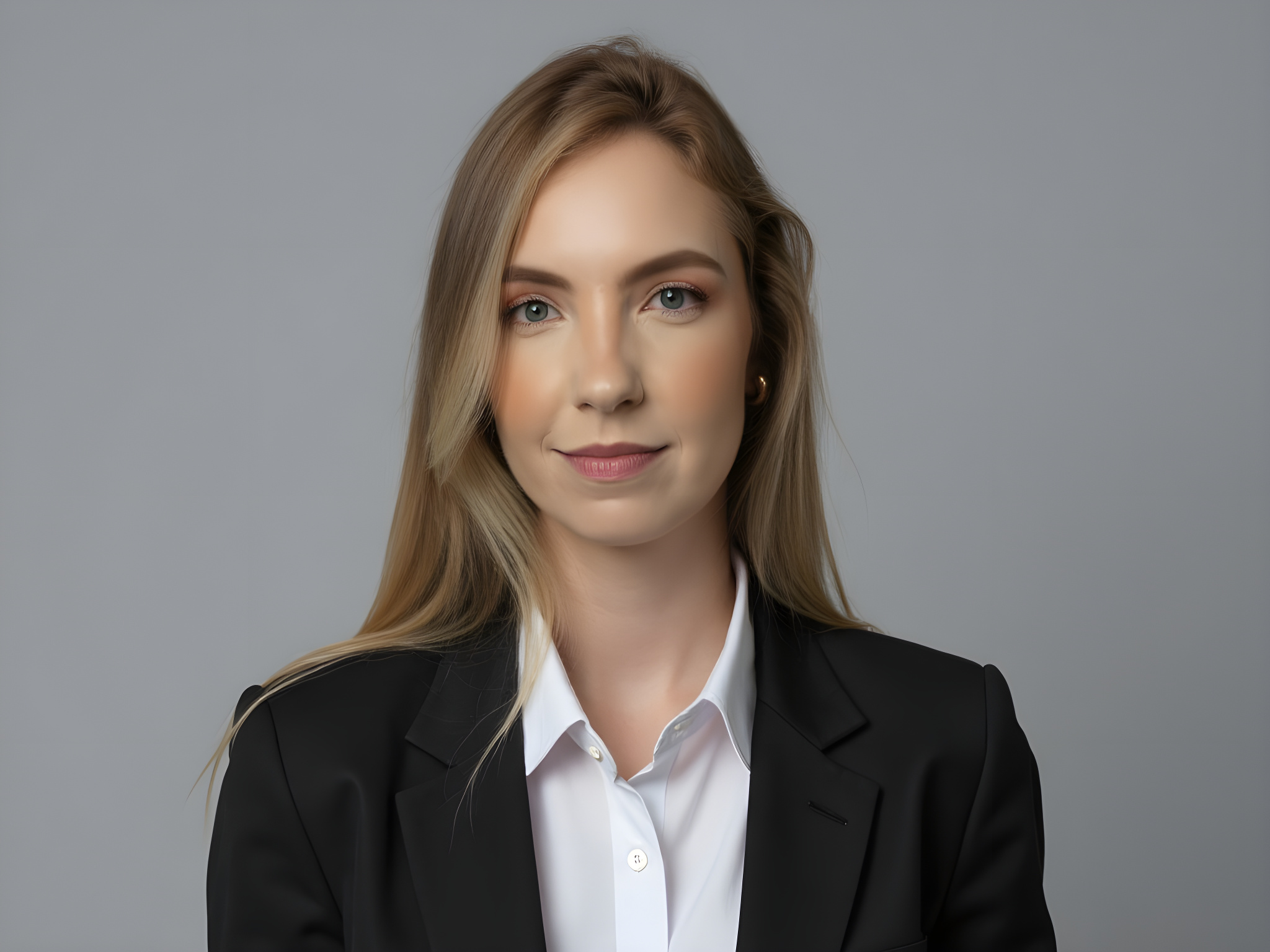 Professional female portrait in business attire with natural makeup against a gray background.