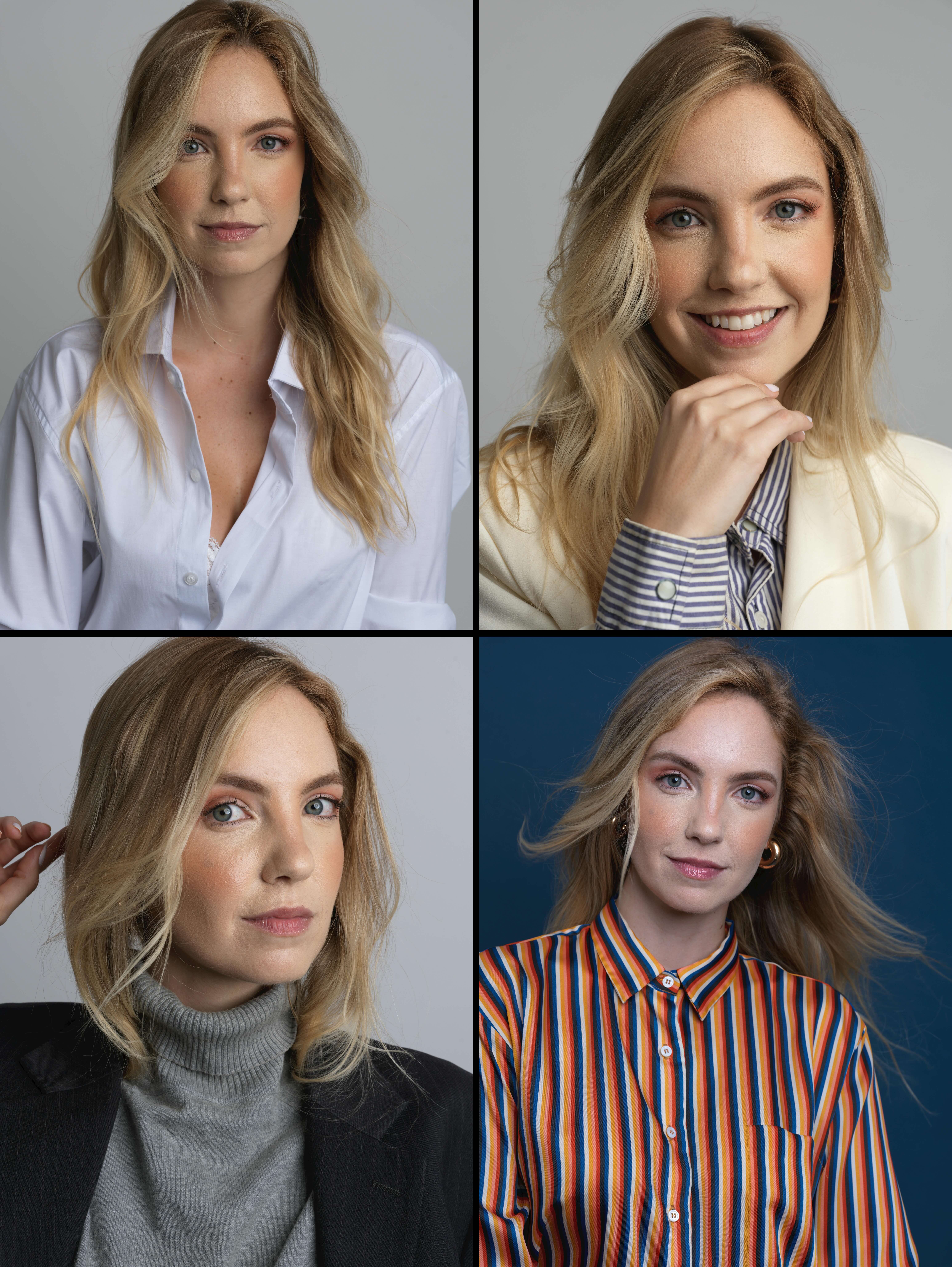 Professional headshots of a woman in business, business-casual, and colorful attire