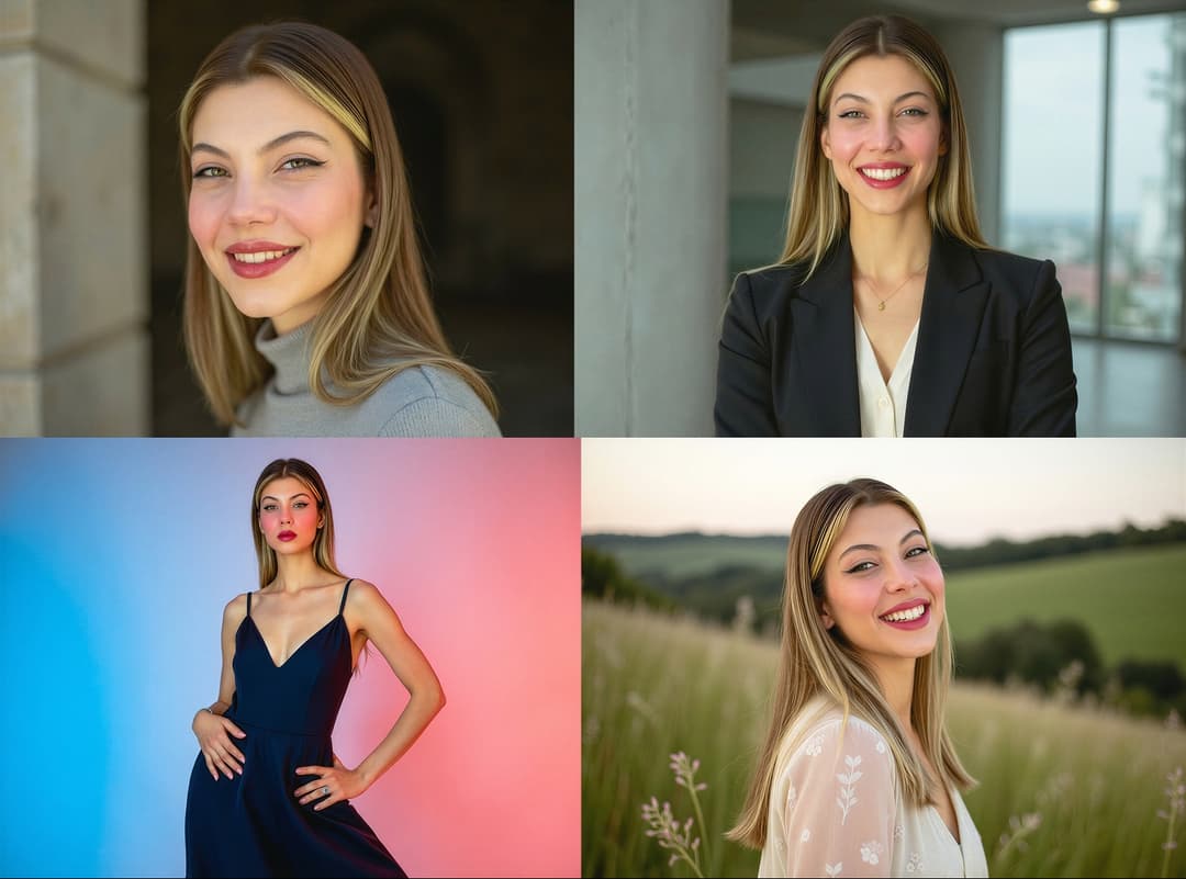 Collage of four different professional and casual portraits of a young woman with blonde highlights.