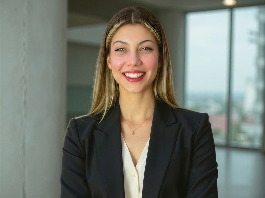 Smiling businesswoman in black blazer in modern office setting.