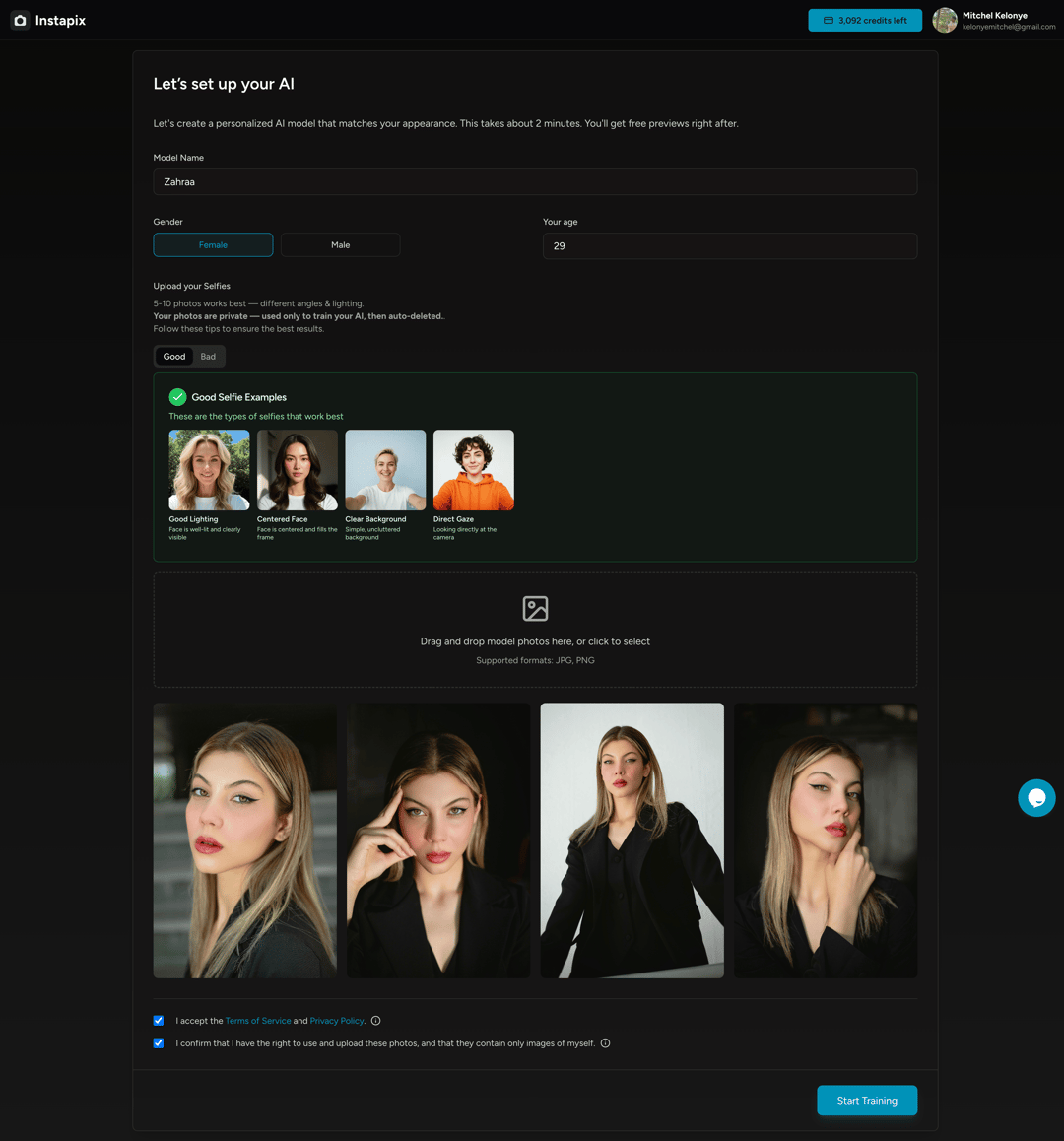 Instapix AI model setup screen showing user details, selfie upload guidelines with examples, and four portrait photos of a blonde woman.