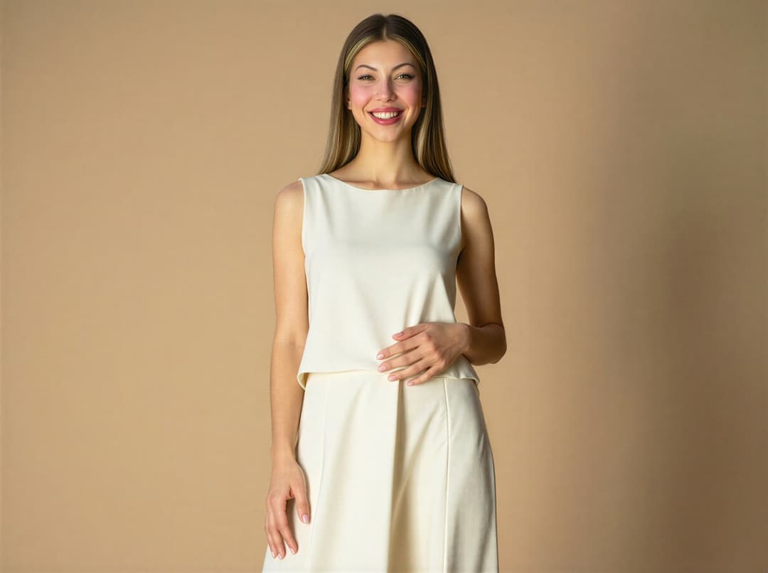 Smiling woman in cream sleeveless top and skirt against beige background.