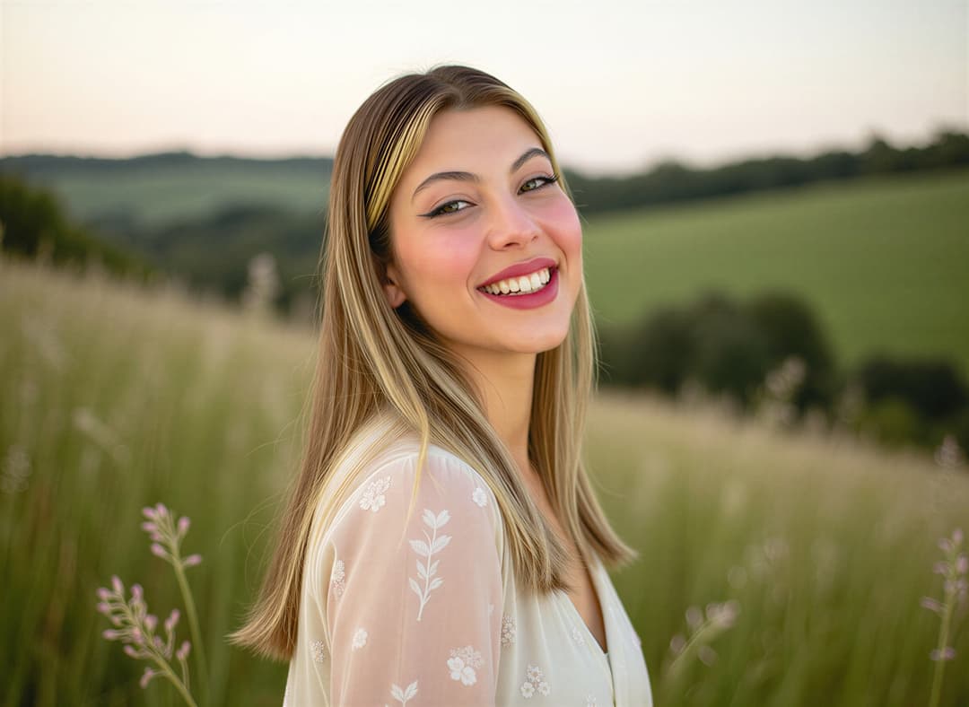 Smiling young woman with blonde highlights in a white floral dress outdoors in a grassy field at dusk.