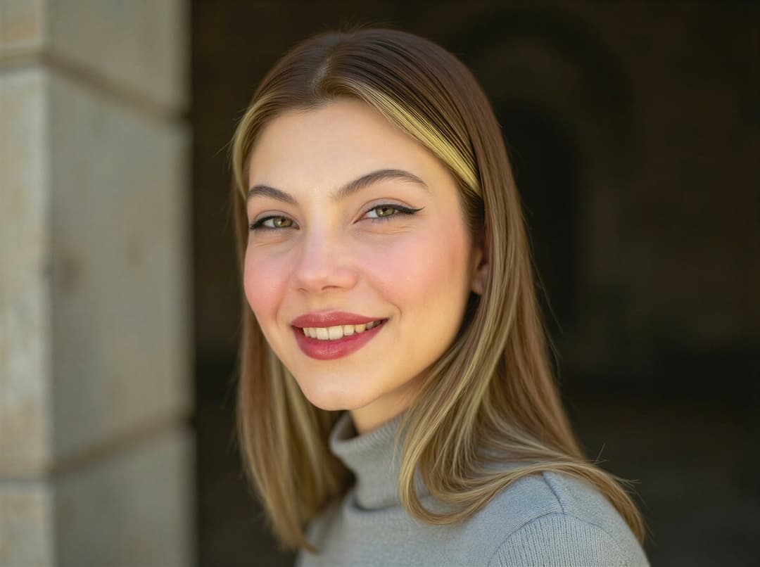 Smiling young woman with green eyes and blonde highlights wearing a grey turtleneck outdoors.